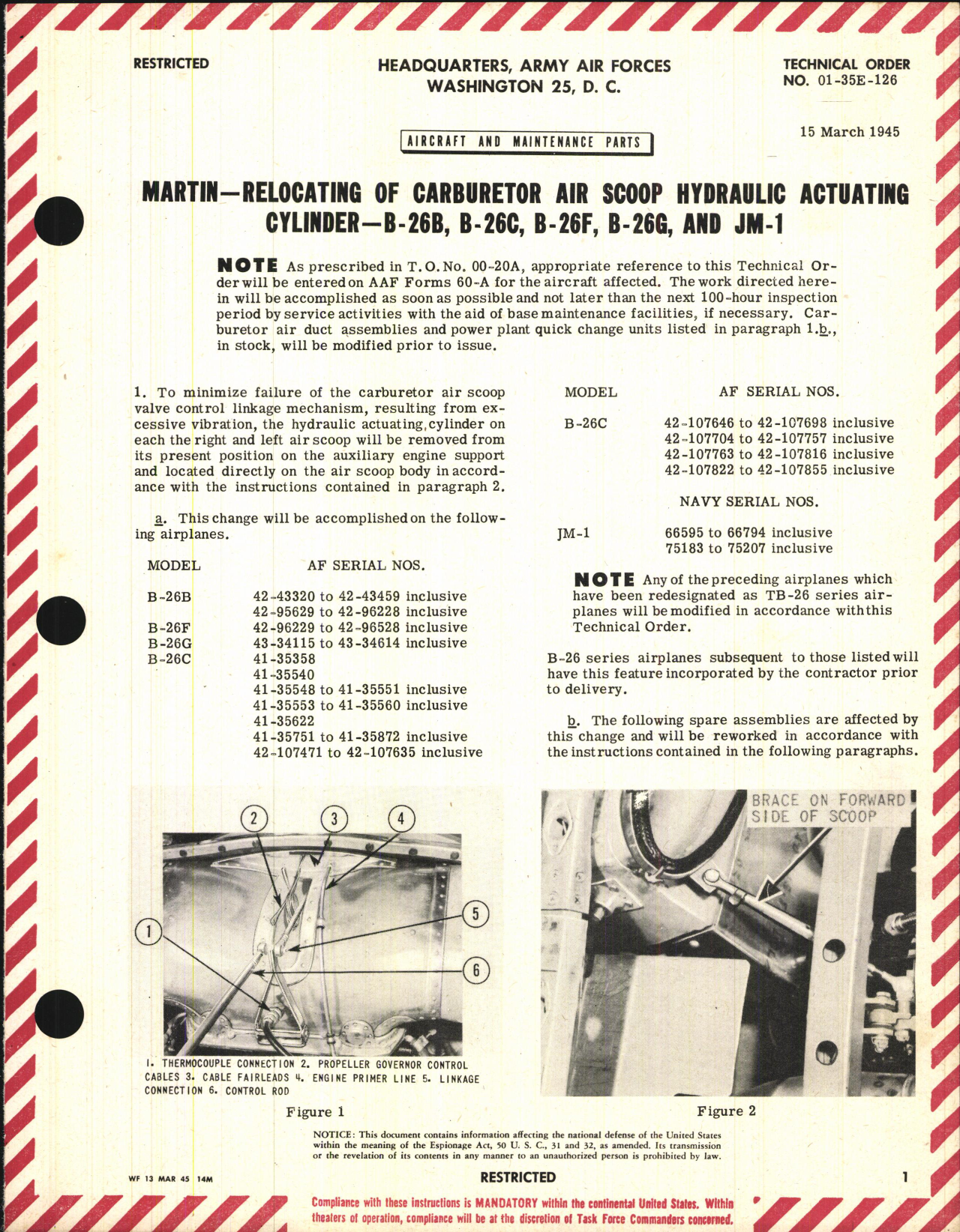 Sample page 1 from AirCorps Library document: Relocating of Carburetor Air Scoop Hydraulic Actuating Cylinder for B-26B, B-26C, B-26F, B-26G, and JM-1