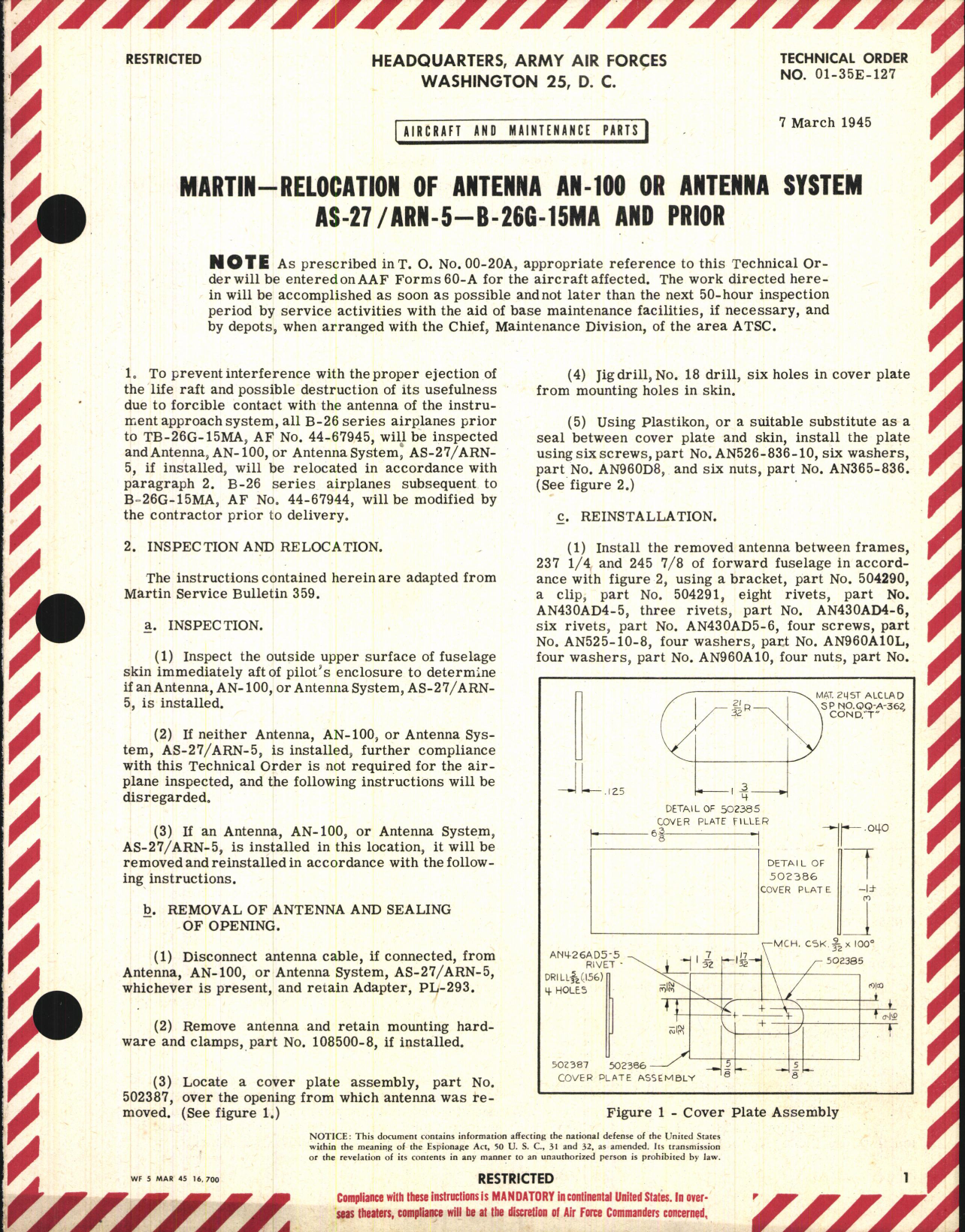 Sample page 1 from AirCorps Library document: Relocation of Antenna AN-100 or Antenna System AS-27 / ARN-5 for B-26G-15MA and Prior