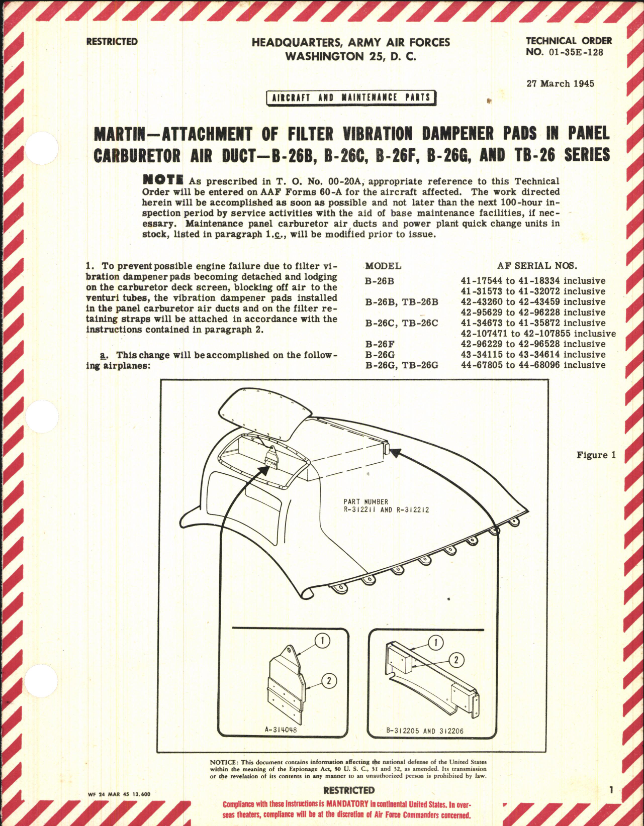 Sample page 1 from AirCorps Library document: Attachment of Filter Vibration Dampener Pads in Panel Carburetor Air Duct 