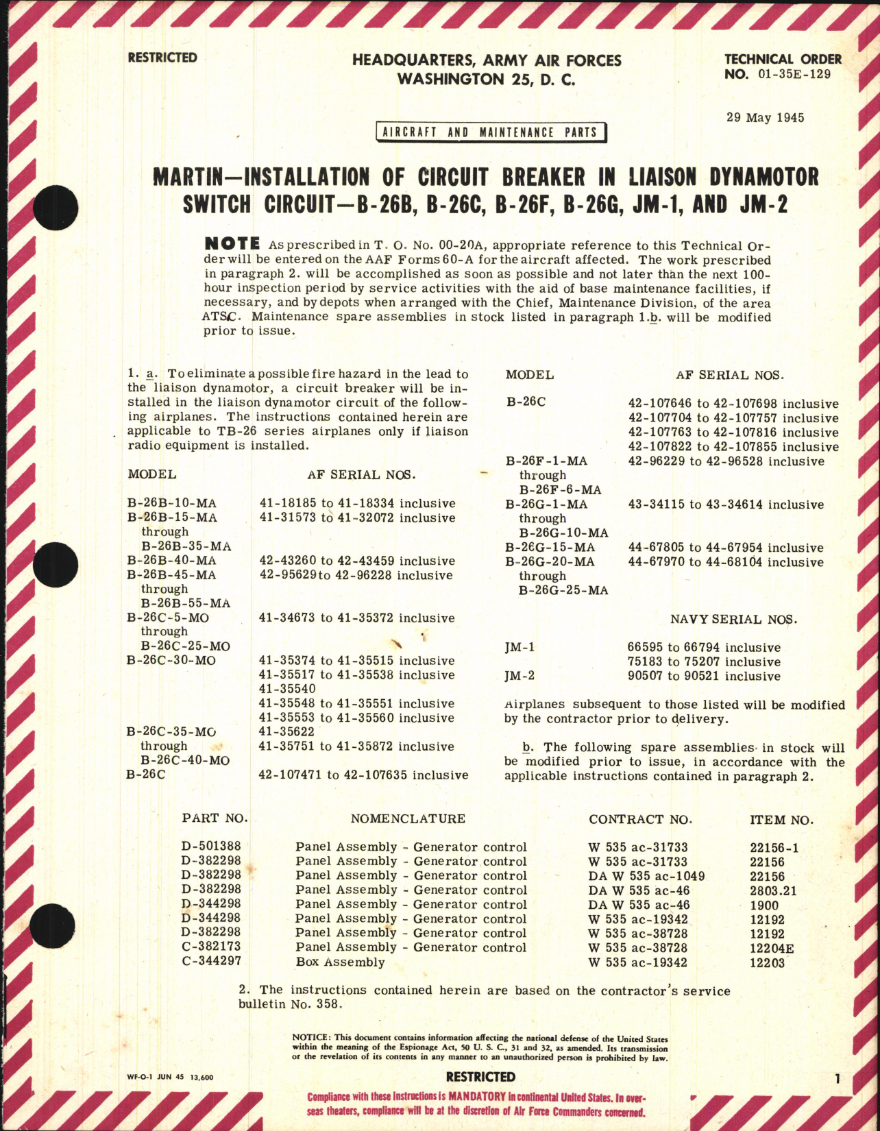 Sample page 1 from AirCorps Library document: Installation of Circuit Breaker In Liaison Dynamoter Switch Circuit for B-26B, B-26C, B-26F, B-26G, JM-1, and JM-2