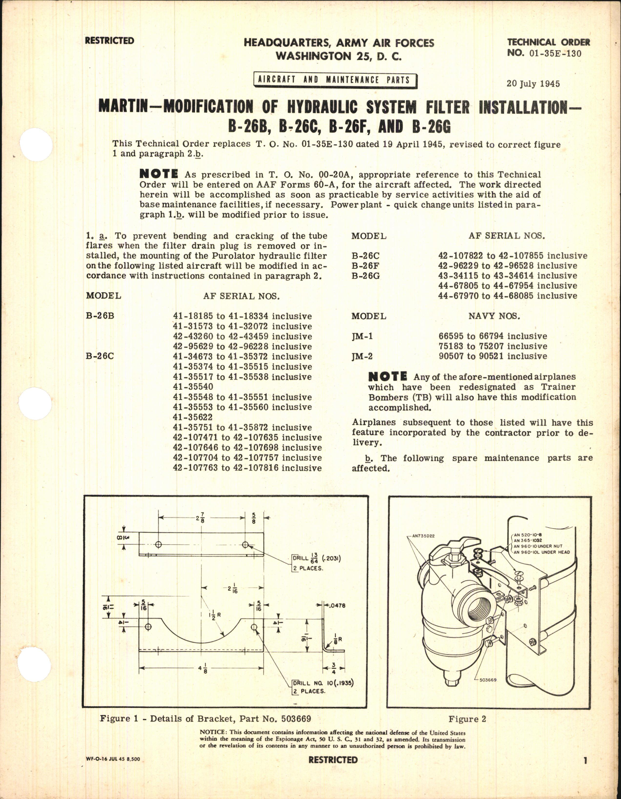 Sample page 1 from AirCorps Library document: Modification of Hydraulic System Filter Installation for B-26B, B-26C, B-26F, and B-26G