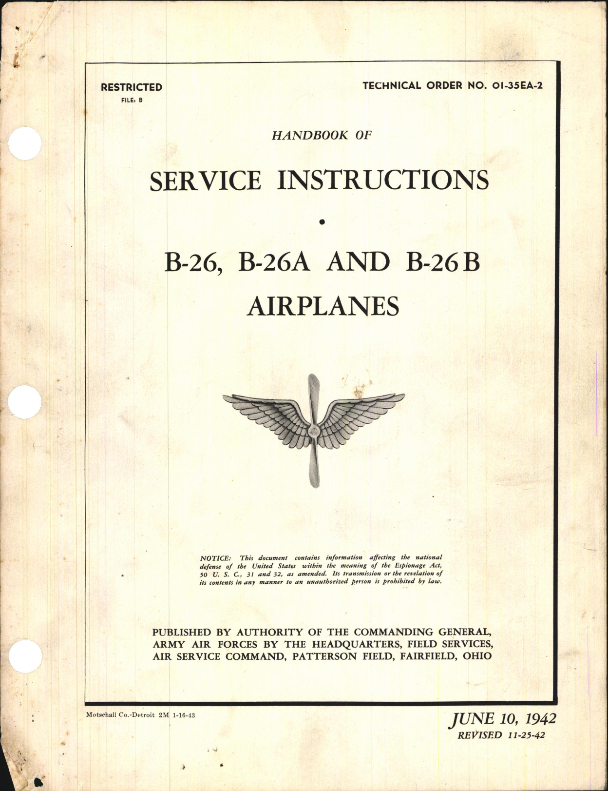 Sample page 1 from AirCorps Library document: Handbook of Service Instructions for B-26, B-26A, and B-26B Airplanes