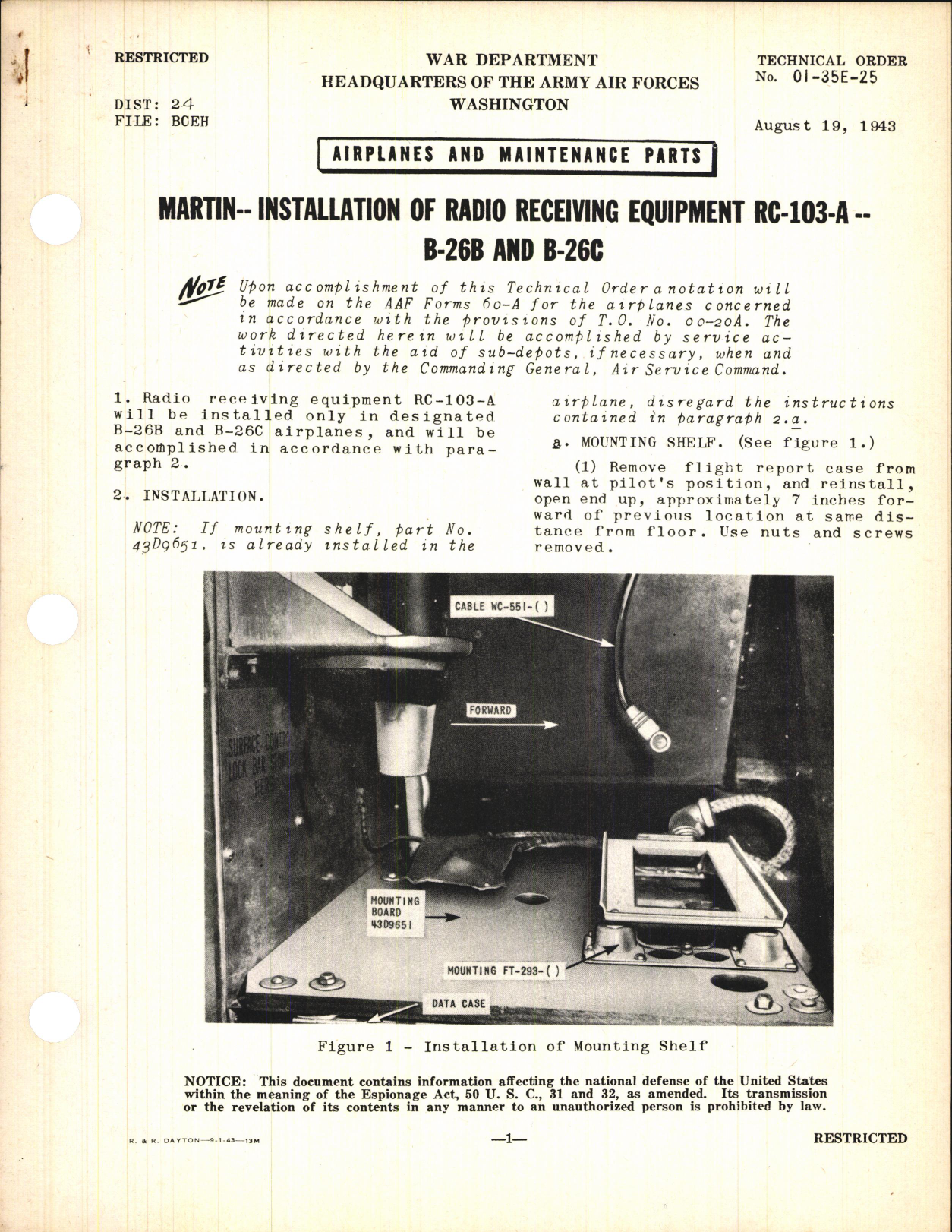 Sample page 1 from AirCorps Library document: Installation of Radio Receiving Equipment RC-103-A for B-26B and B-26C