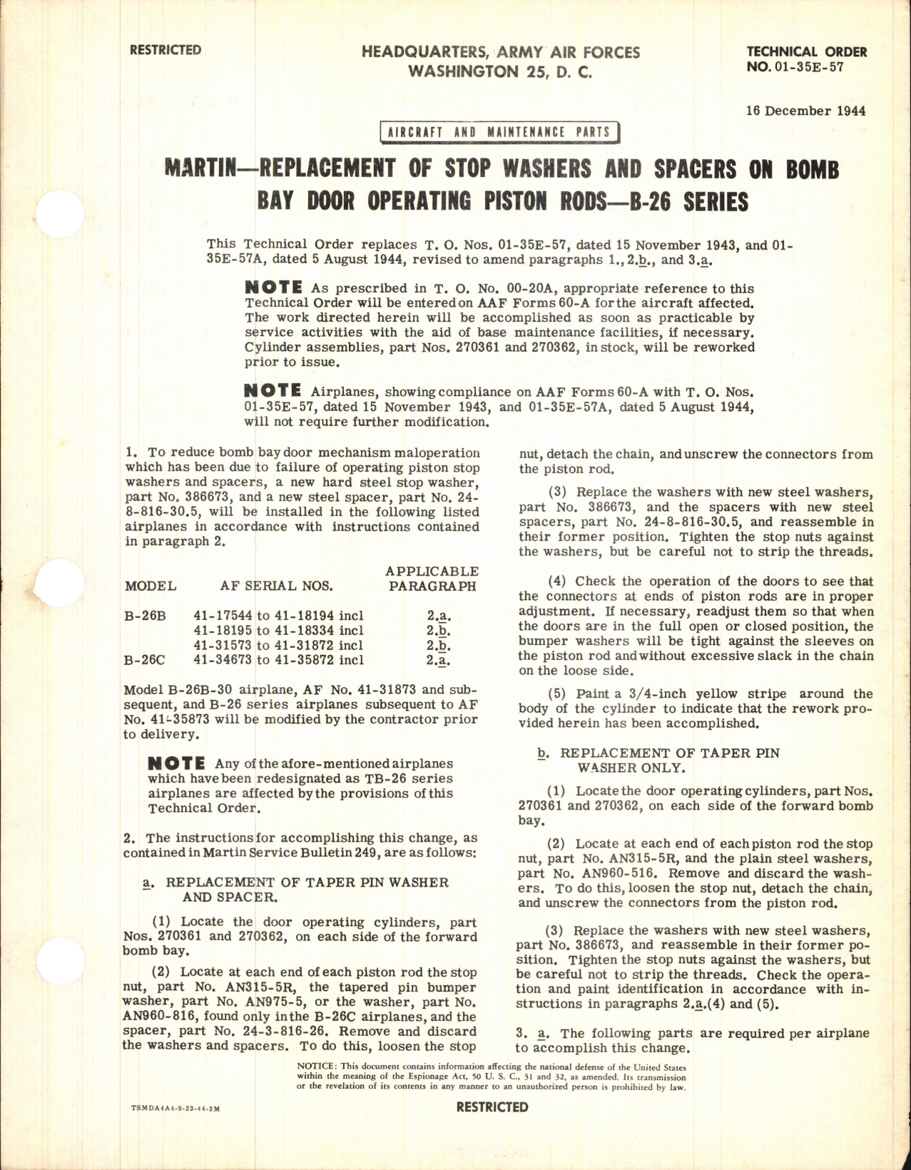 Sample page 1 from AirCorps Library document: Replacement of Stop Washers and Spacers on Bomb Bay Door Operating Piston Rods for B-26 Series