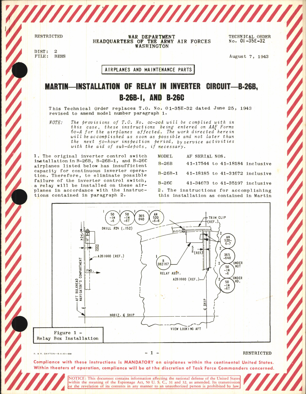 Sample page 1 from AirCorps Library document: Installation of Relay in Inverter Circuit for B-26B, B-26B-1, and B-26C