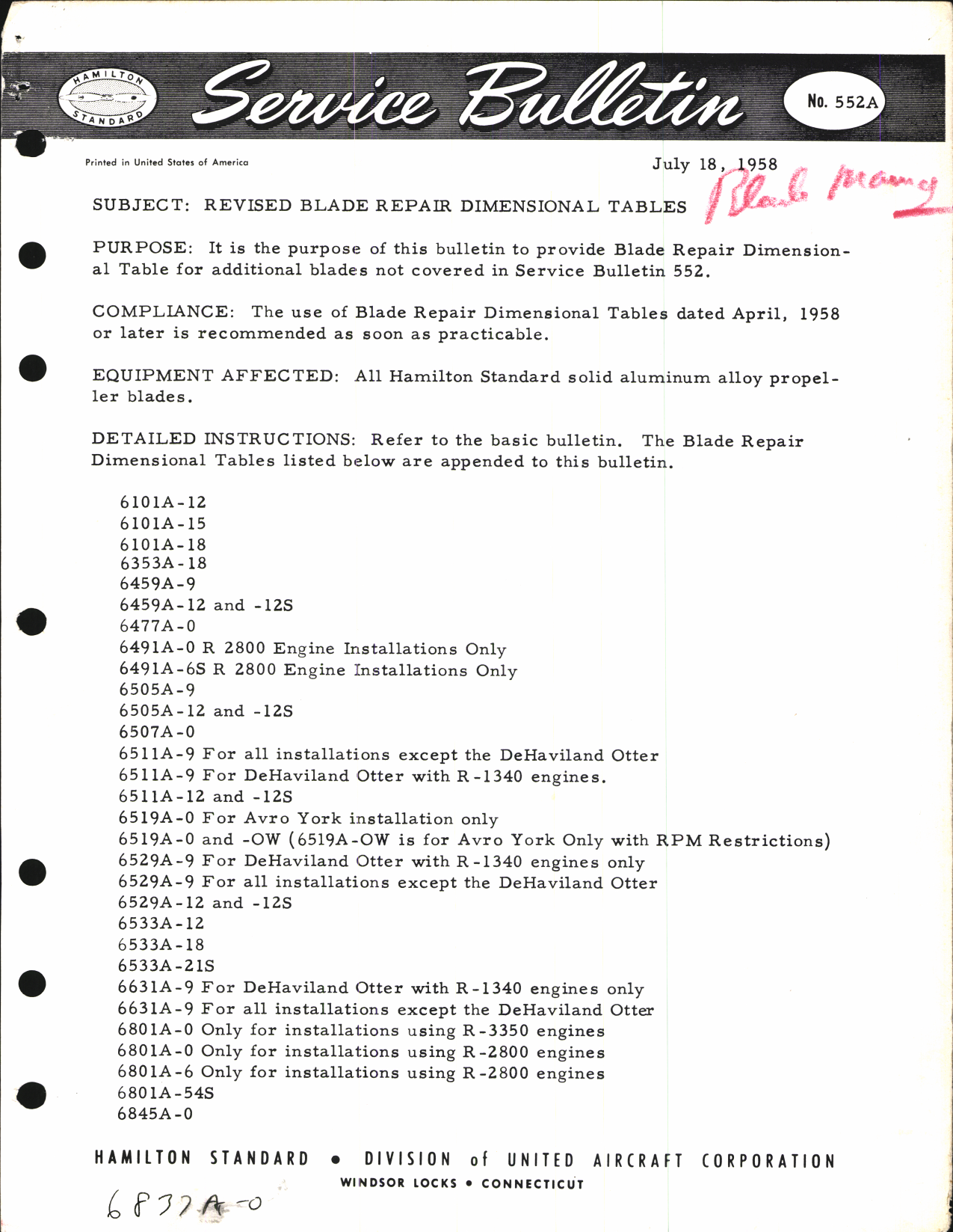 Sample page 7 from AirCorps Library document: Hamilton Standard Multiple Blade Design Dimensions and Service Bulletins