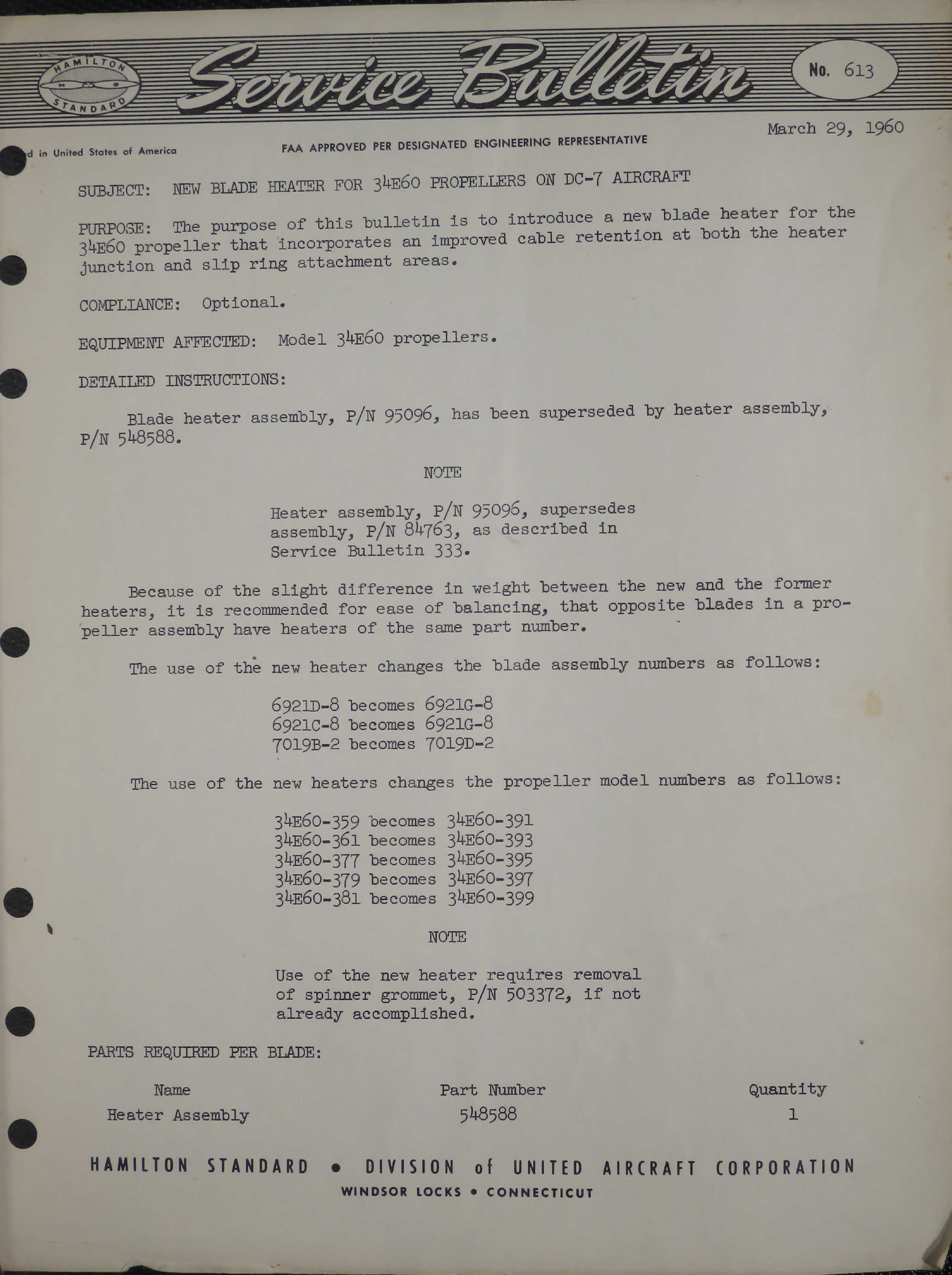 Sample page 1 from AirCorps Library document: New Blade Heater for 34E60 Propellers on DC-7 Aircraft