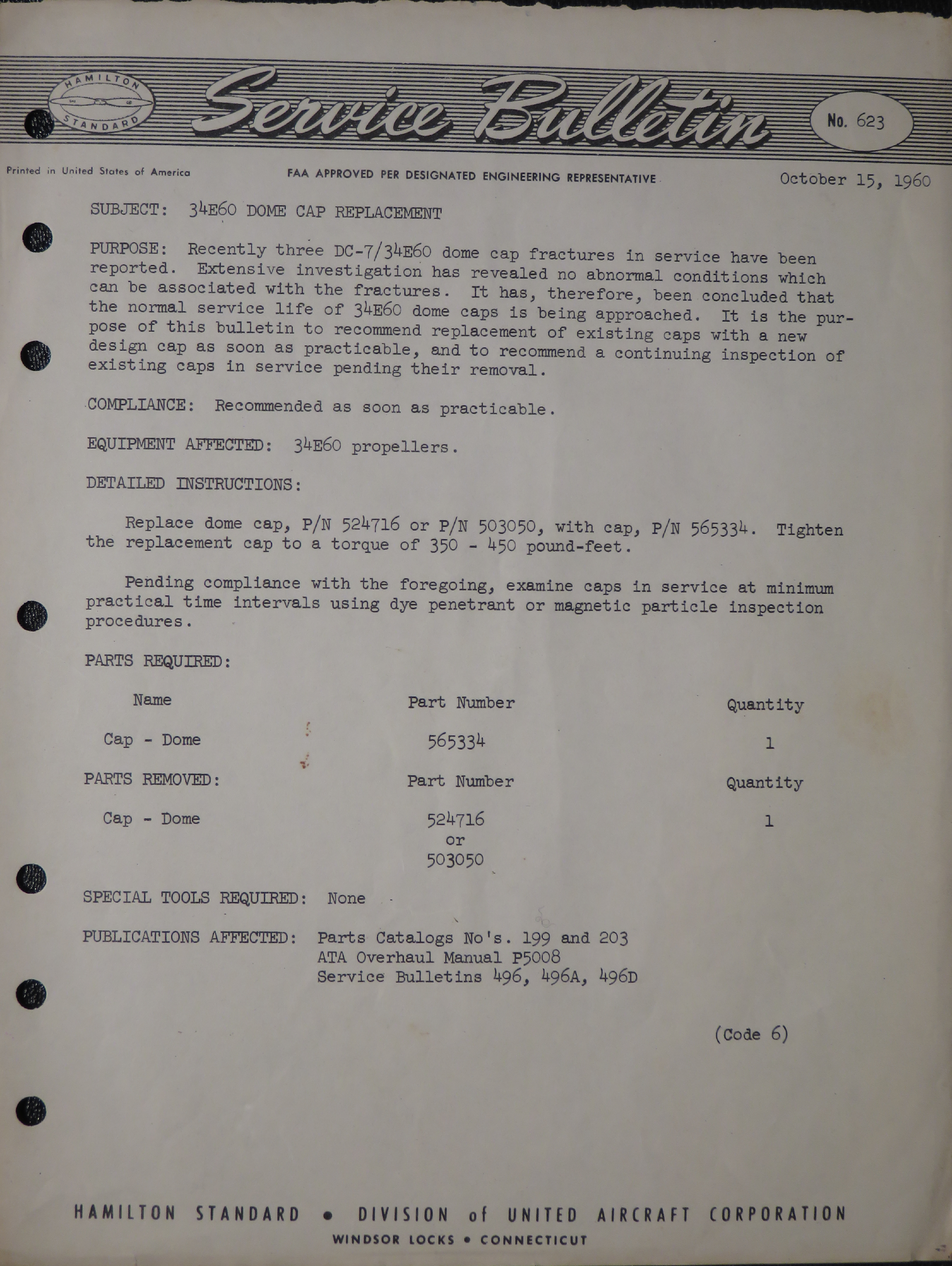 Sample page 1 from AirCorps Library document: 34E60 Dome Cap Replacement for DC-7