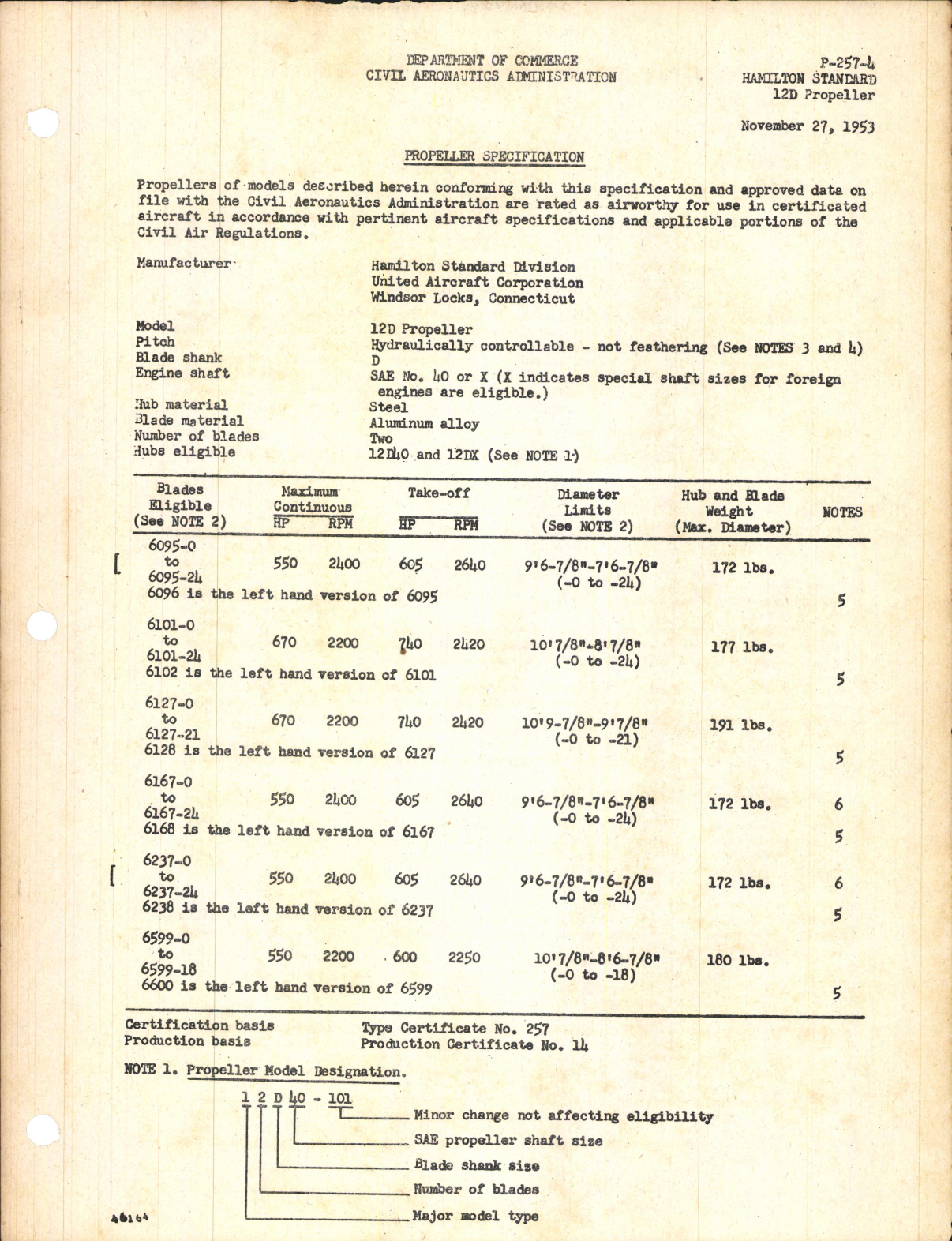 Sample page 1 from AirCorps Library document: Propeller Specification for 12D Propeller