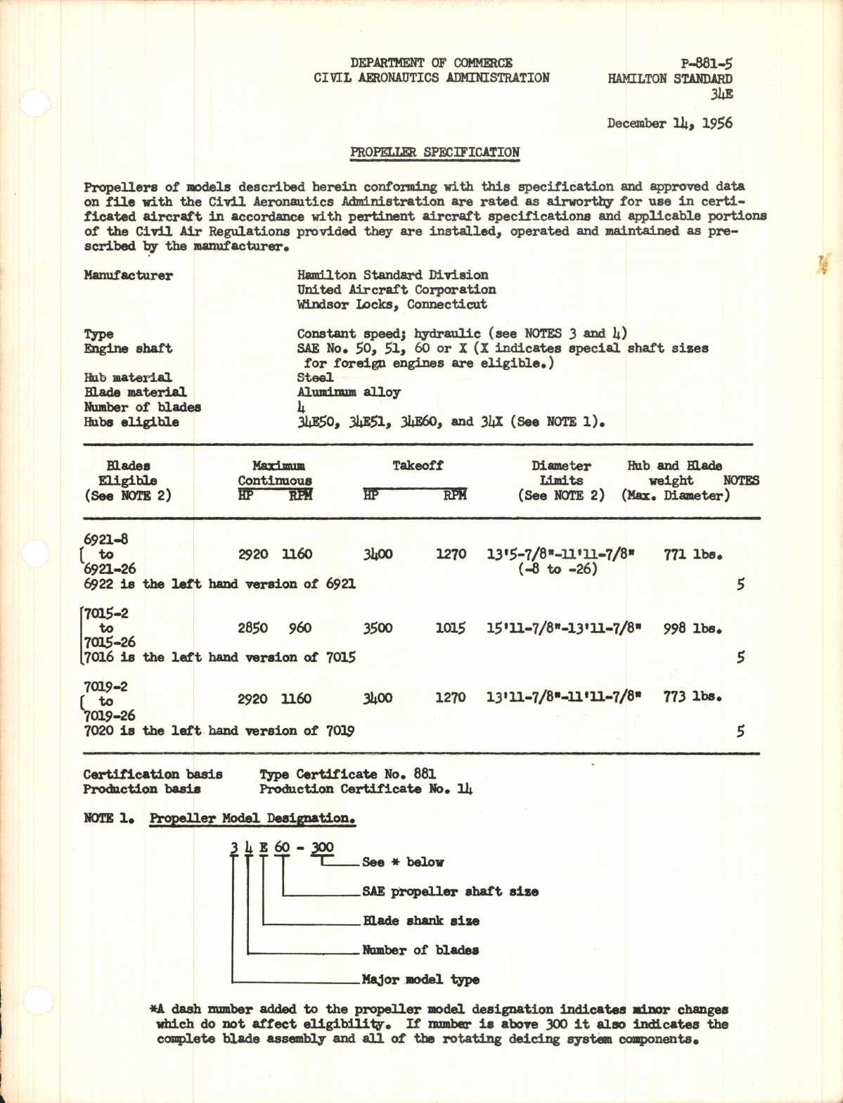 Sample page 1 from AirCorps Library document: Propeller Specification for 34E Propellers