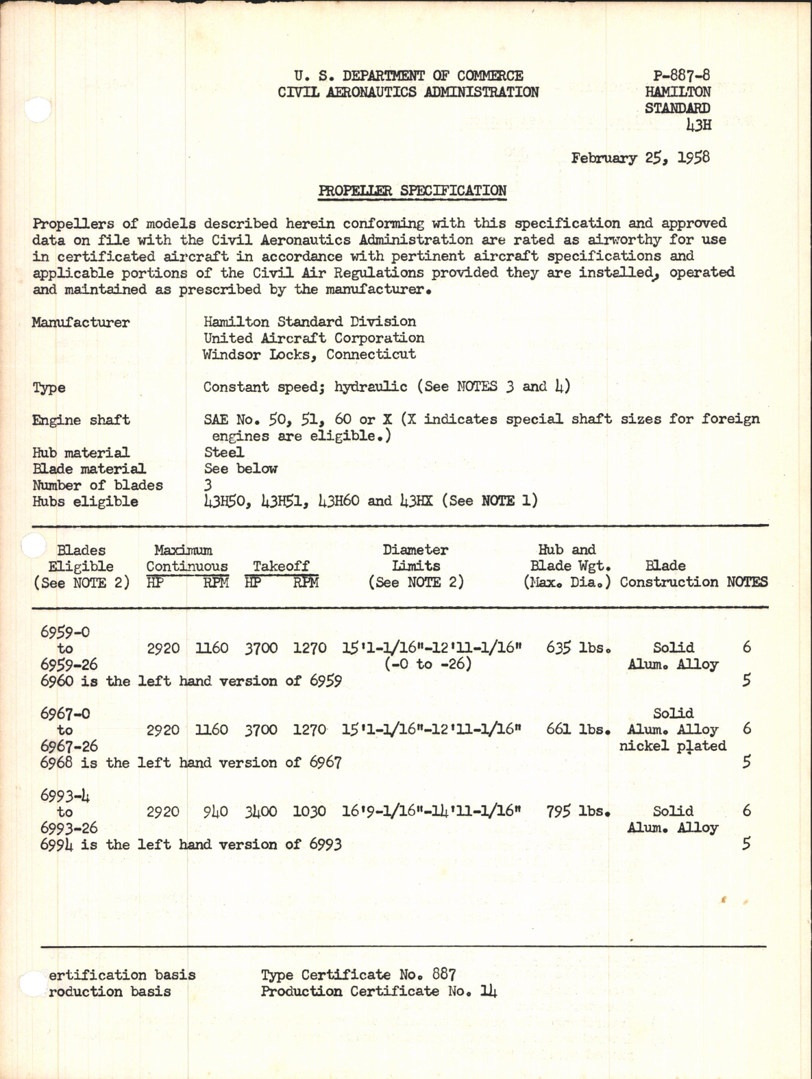 Sample page 1 from AirCorps Library document: Propeller Specification for 43H Propeller