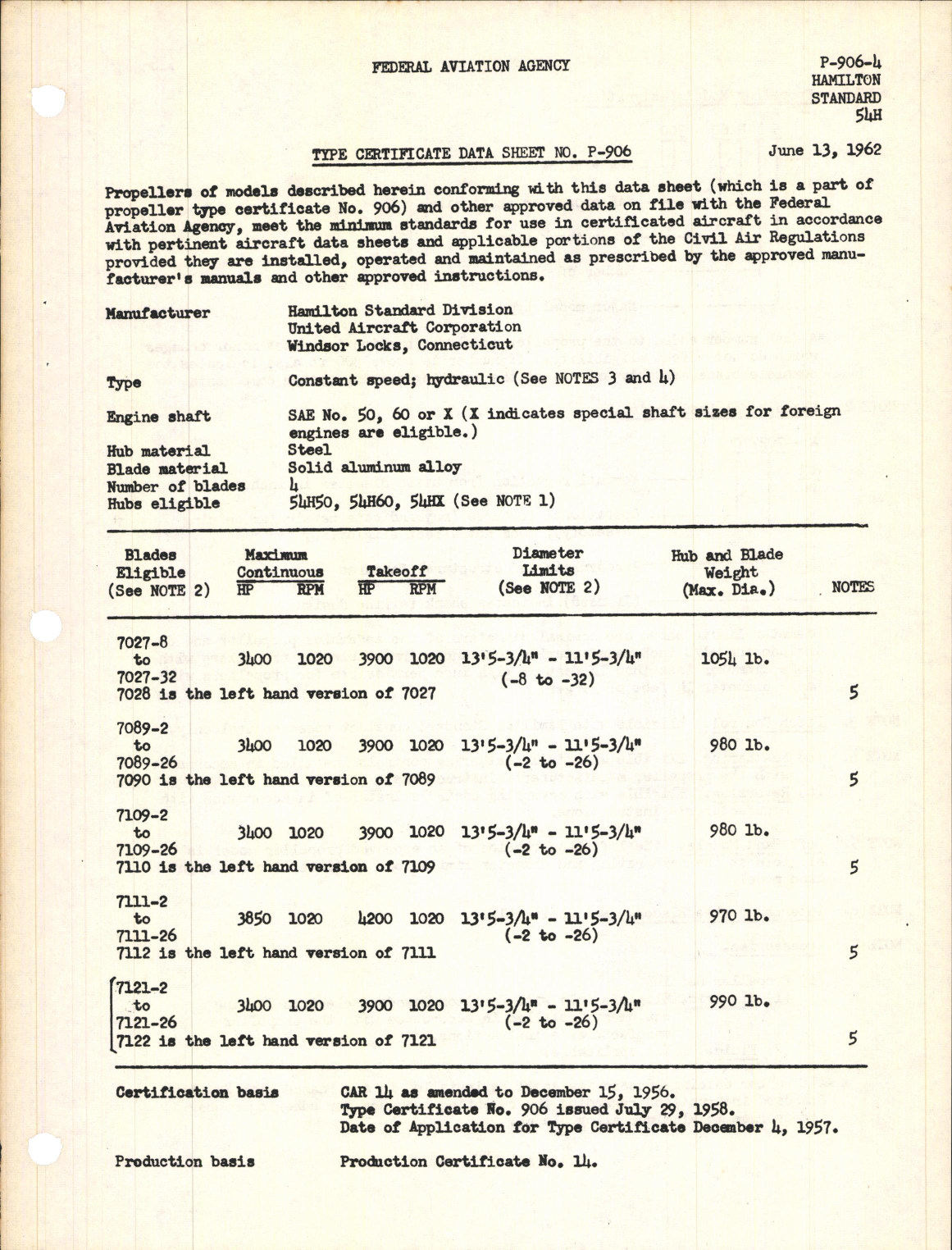 Sample page 1 from AirCorps Library document: 54H50, 54H60, and 54HX - Type Certificate 