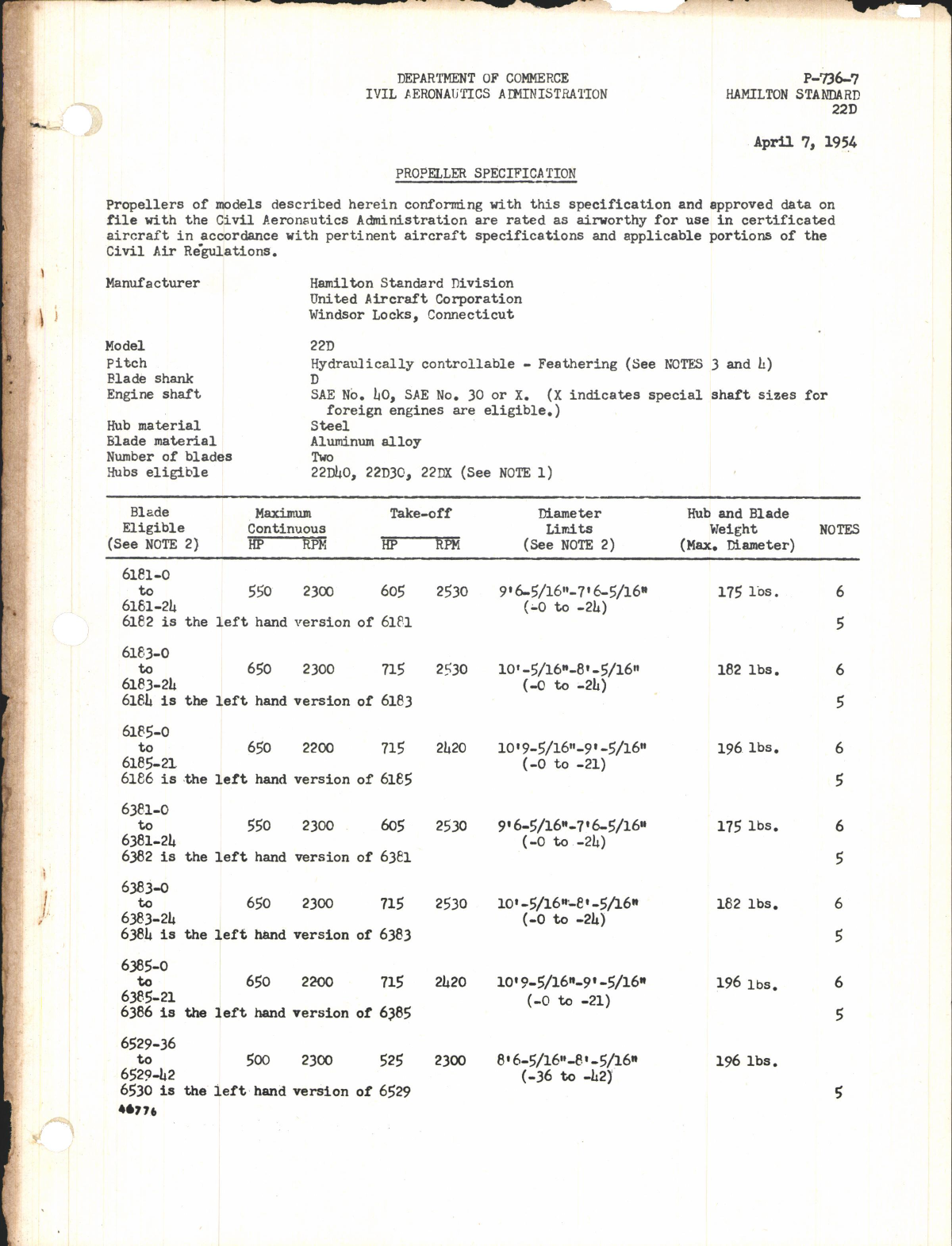 Sample page 1 from AirCorps Library document: Propeller Specification for 22D Propellers