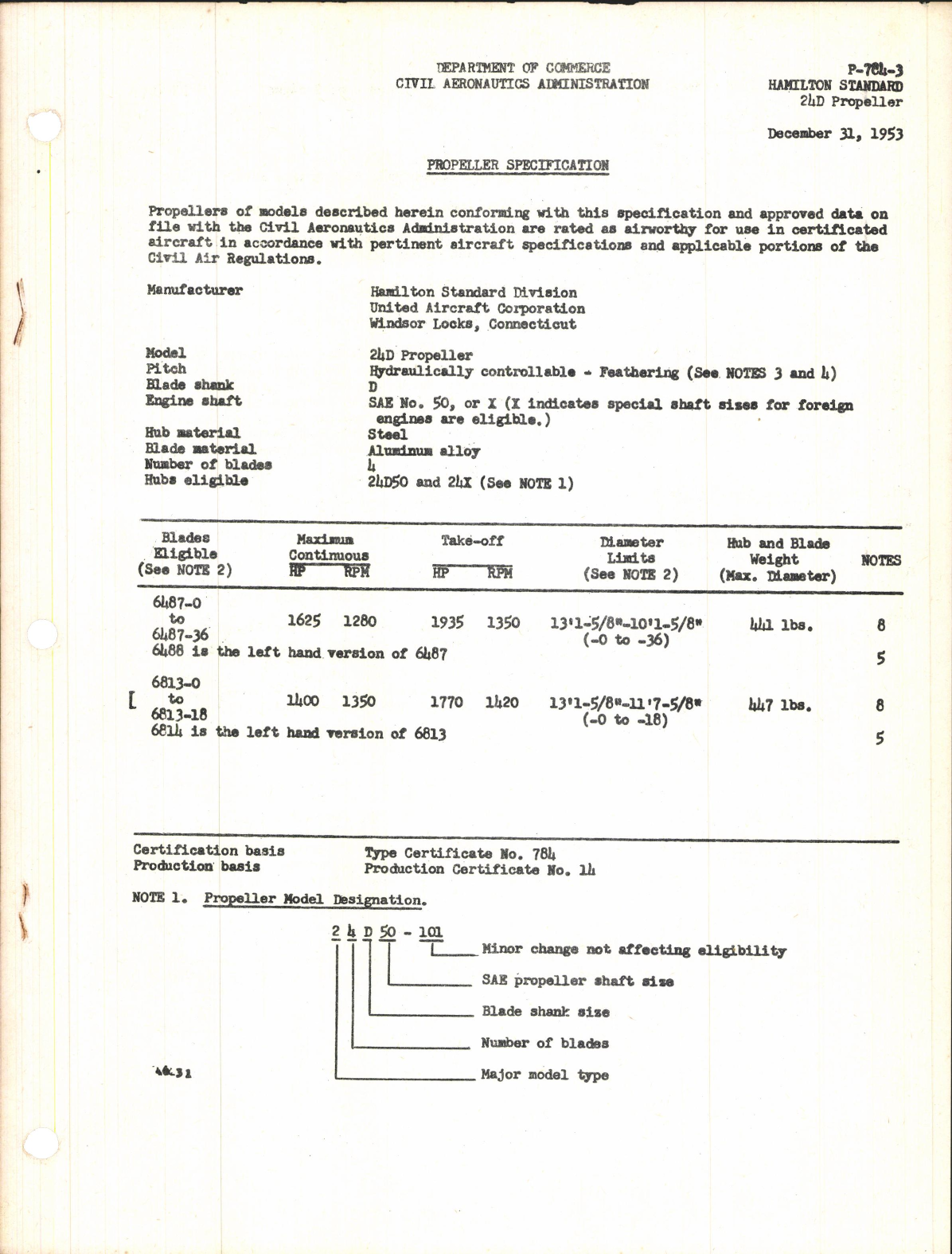 Sample page 1 from AirCorps Library document: Propeller Specification for 24D Propellers