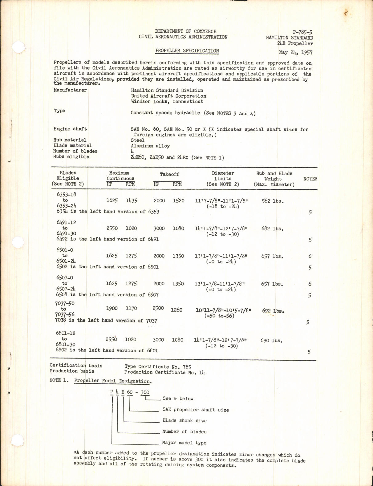 Sample page 1 from AirCorps Library document: Propeller Specification for 24E Propellers