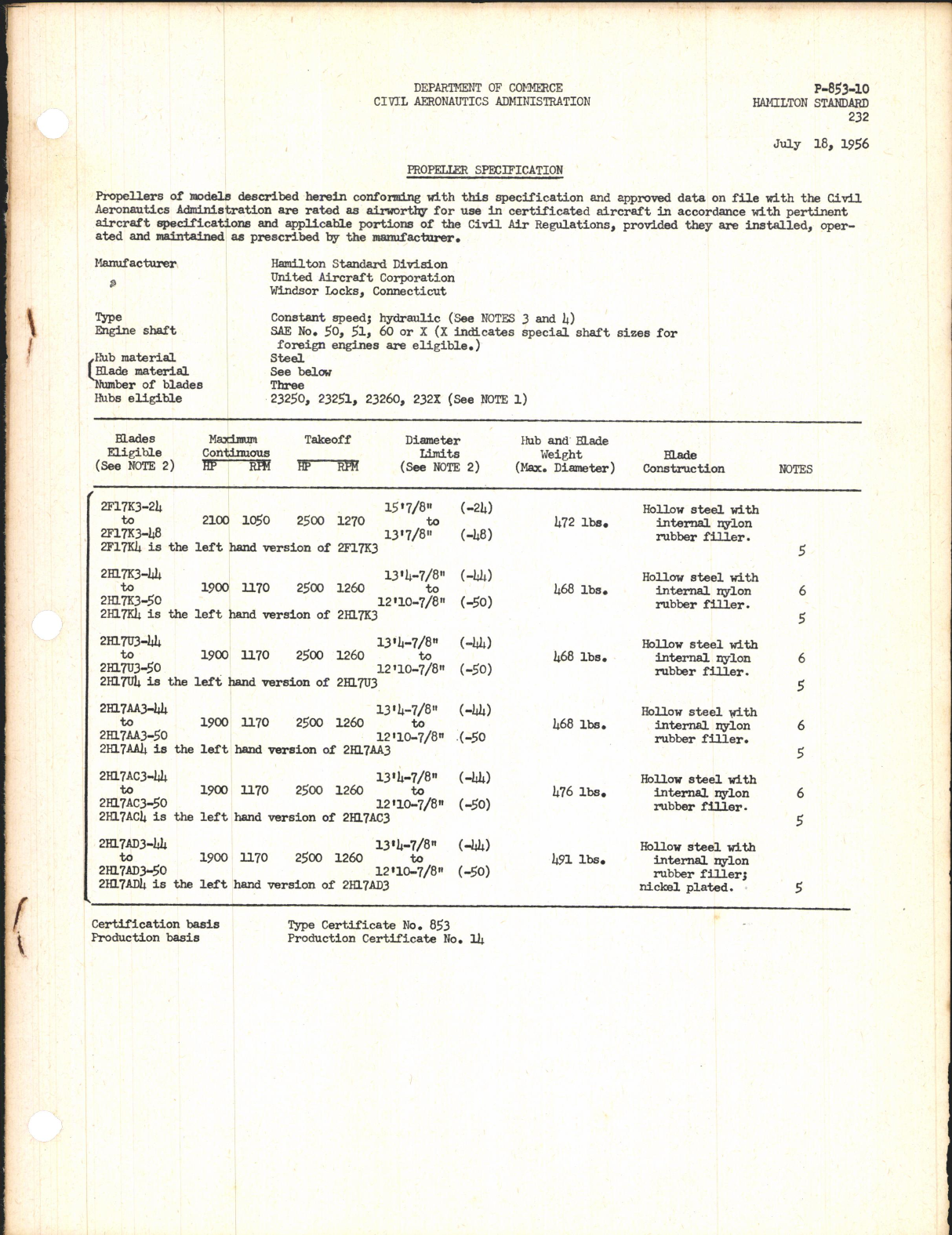 Sample page 1 from AirCorps Library document: Propeller Specification for 232 Propellers
