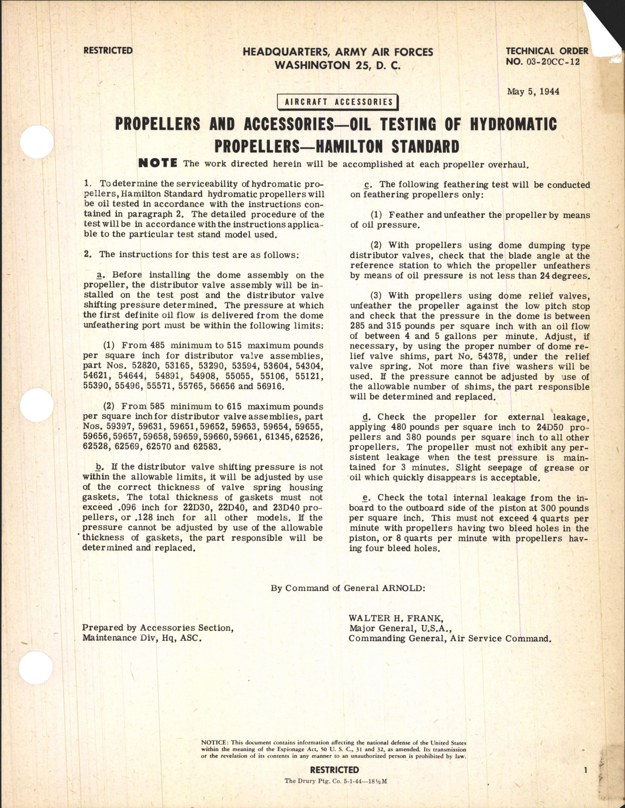 Sample page 1 from AirCorps Library document: Oil Testing of Hydromatic Propellers - Hamilton Standard