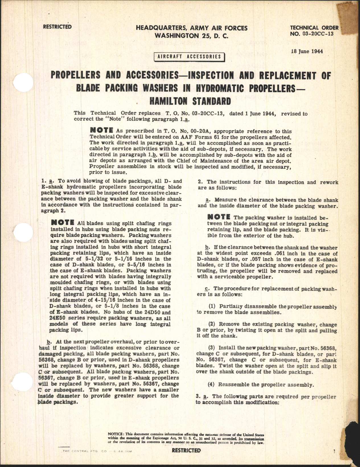 Sample page 1 from AirCorps Library document: Inspection & Replacement of Blade Packing Washers in Hydromatic Propellers - Hamilton Standard