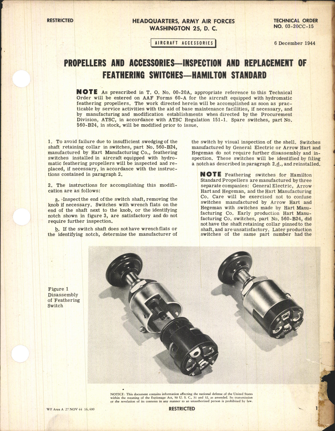 Sample page 1 from AirCorps Library document: Inspection & Replacement of Feathering Switches - Hamilton Standard