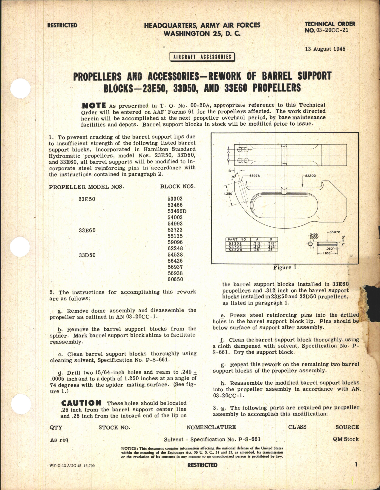 Sample page 1 from AirCorps Library document: Rework of Barrel Support Blocks for 23E50, 33D50, and 33E60 Propellers