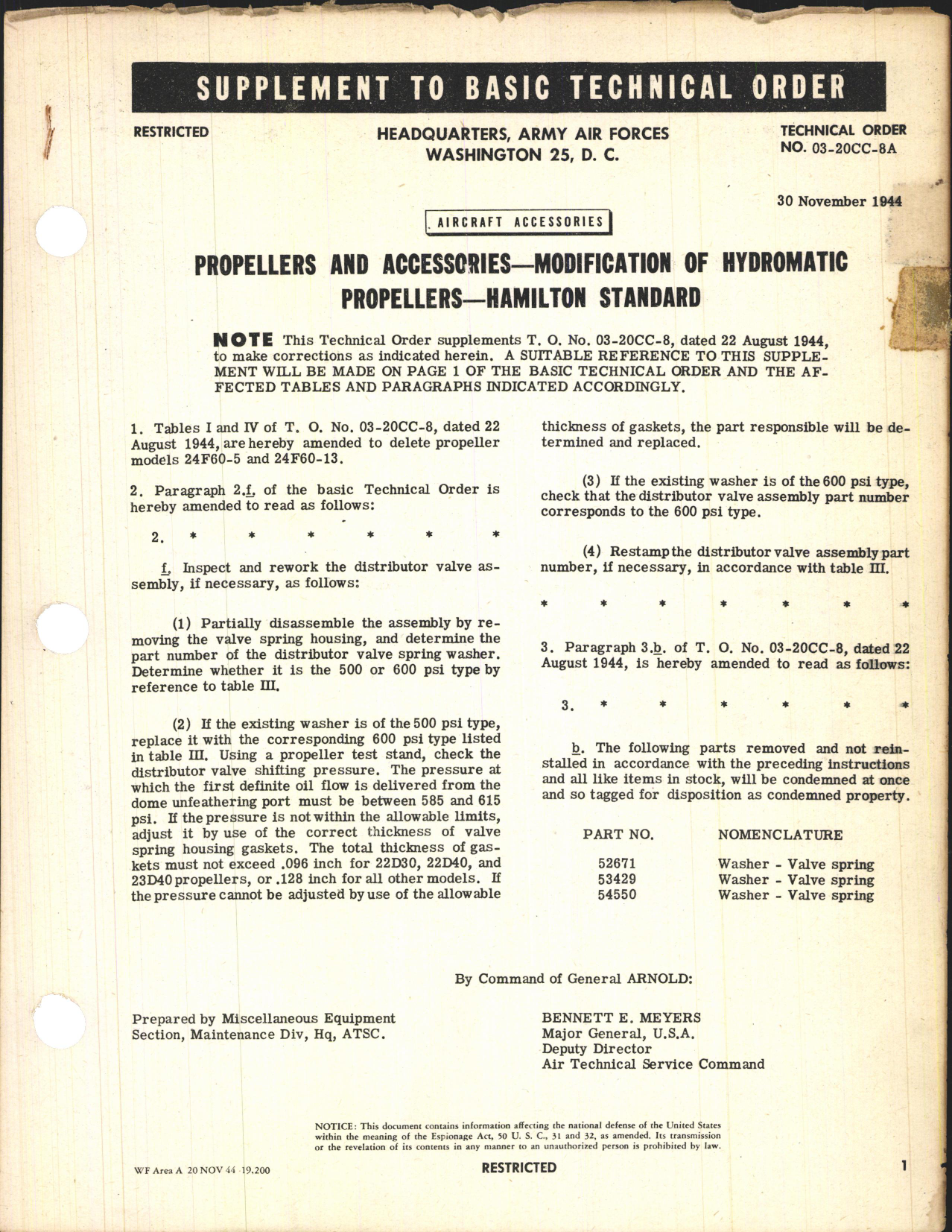 Sample page 1 from AirCorps Library document: Modification of Hydromatic Propellers - Hamilton Standard