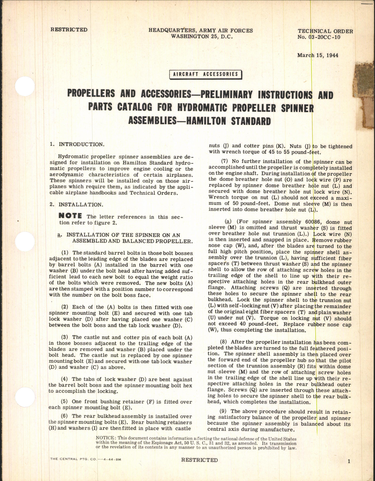 Sample page 1 from AirCorps Library document: Preliminary Instructions & Parts Catalog for Hydromatic Propeller Spinner Assemblies