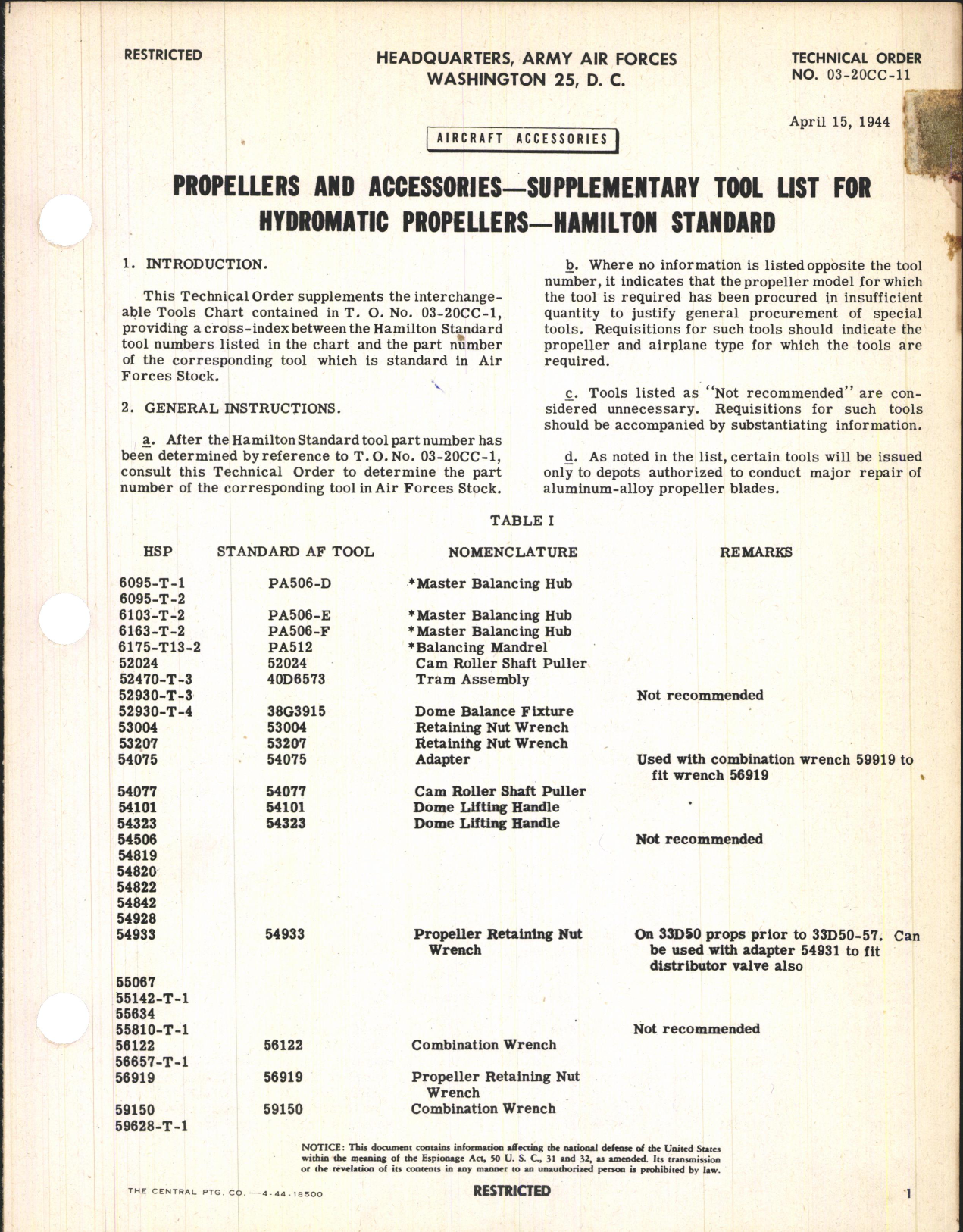 Sample page 1 from AirCorps Library document: Supplementary Tool List for Hydromatic Propellers - Hamilton Standard