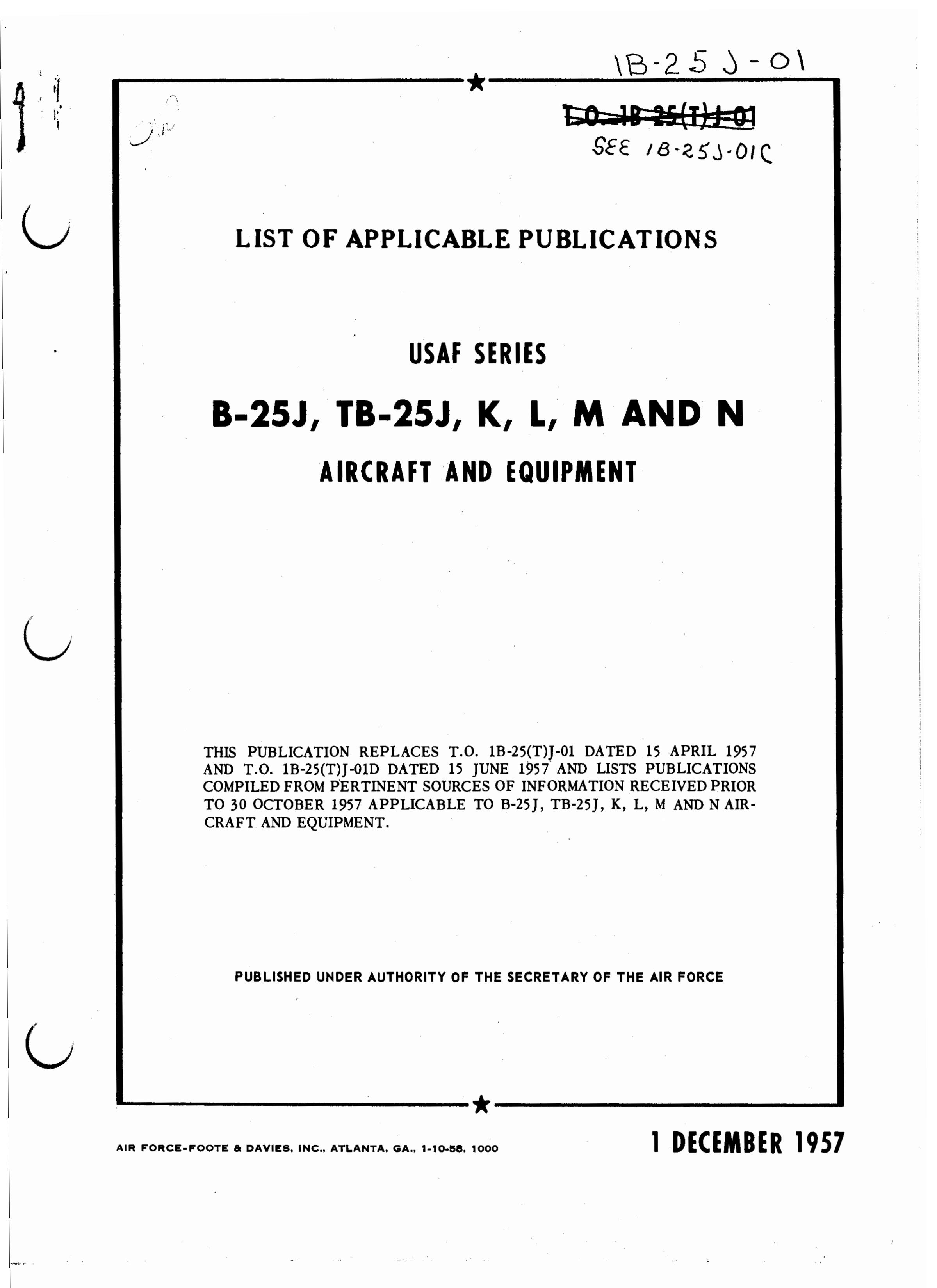 Sample page 1 from AirCorps Library document: List Of Applicable Publications B-25J & TB-25J, B-25K, B-25L, B-25M & B-25N