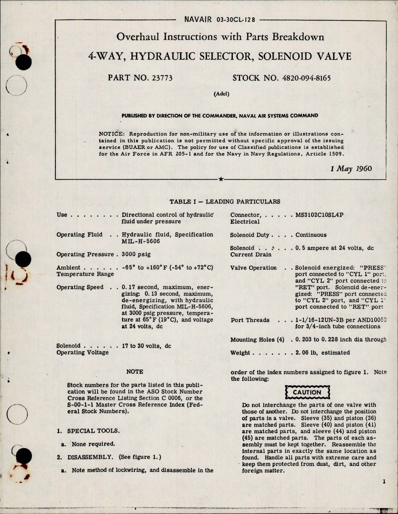 Sample page 1 from AirCorps Library document: Overhaul Instructions with Parts Breakdown for 4Way Hydraulic Selector Solenoid Valve - Part 23773 