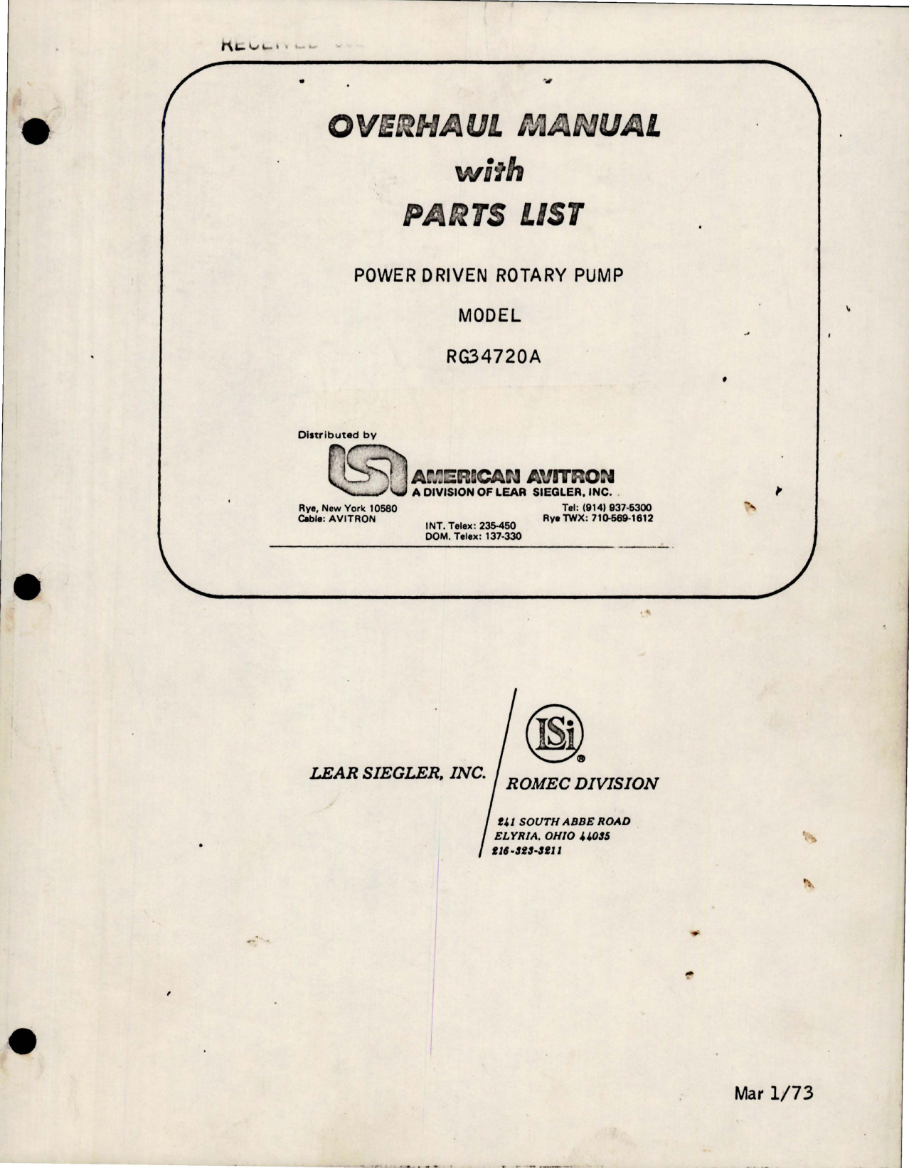 Sample page 1 from AirCorps Library document: Overhaul with Parts List for Power Driven Rotary Pump - Model RG34720A 