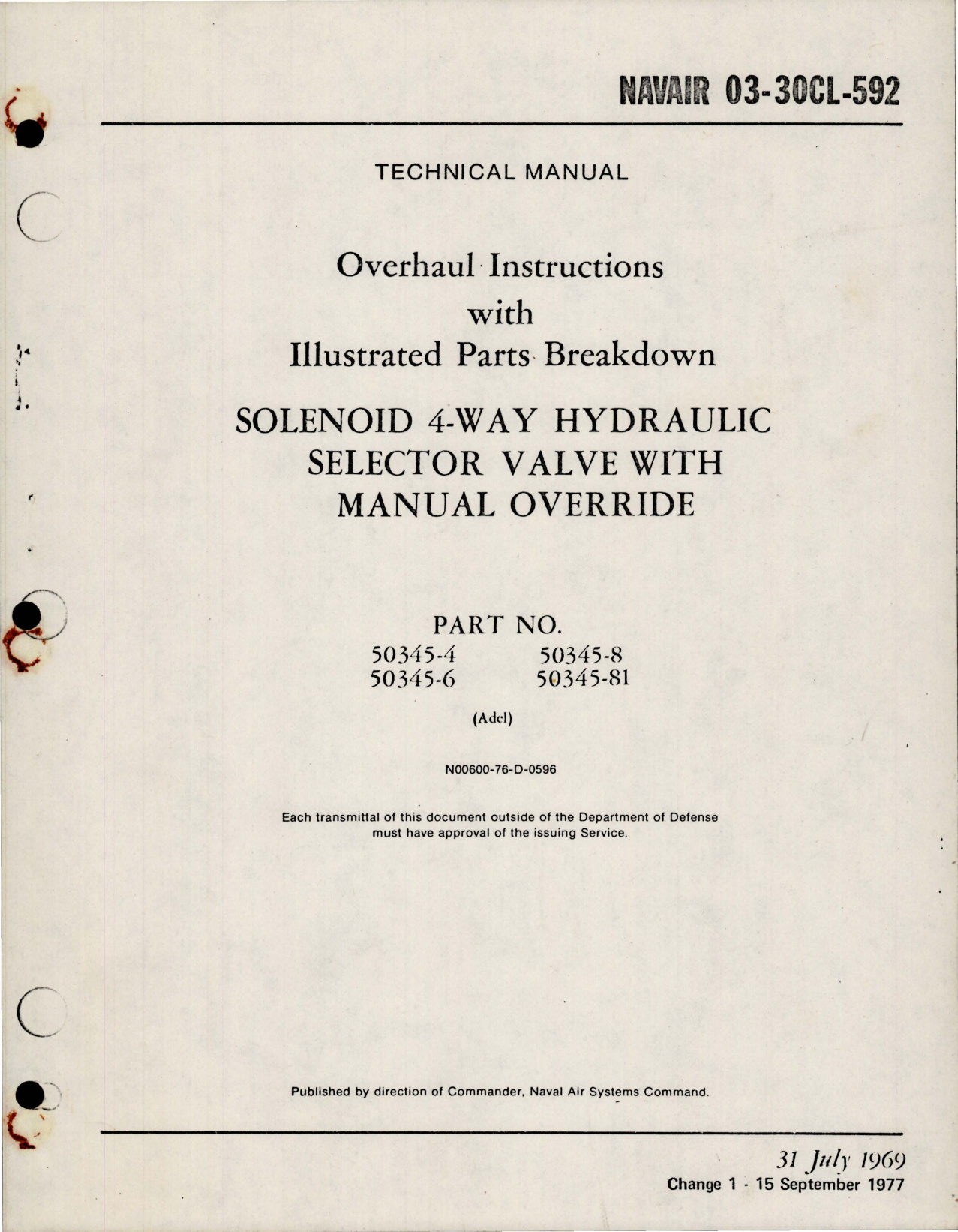 Sample page 1 from AirCorps Library document: Overhaul Instructions with Parts for Solenoid 4 Way Hydraulic Selector Valve w Manual Override 