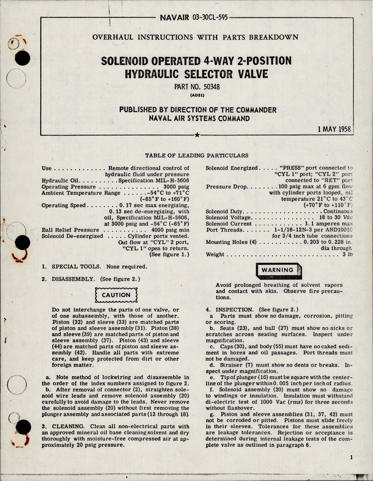 Sample page 1 from AirCorps Library document: Overhaul Instructions with Parts for Solenoid Operated 4Way 2 Position Hydraulic Selector Valve - Part 50348 