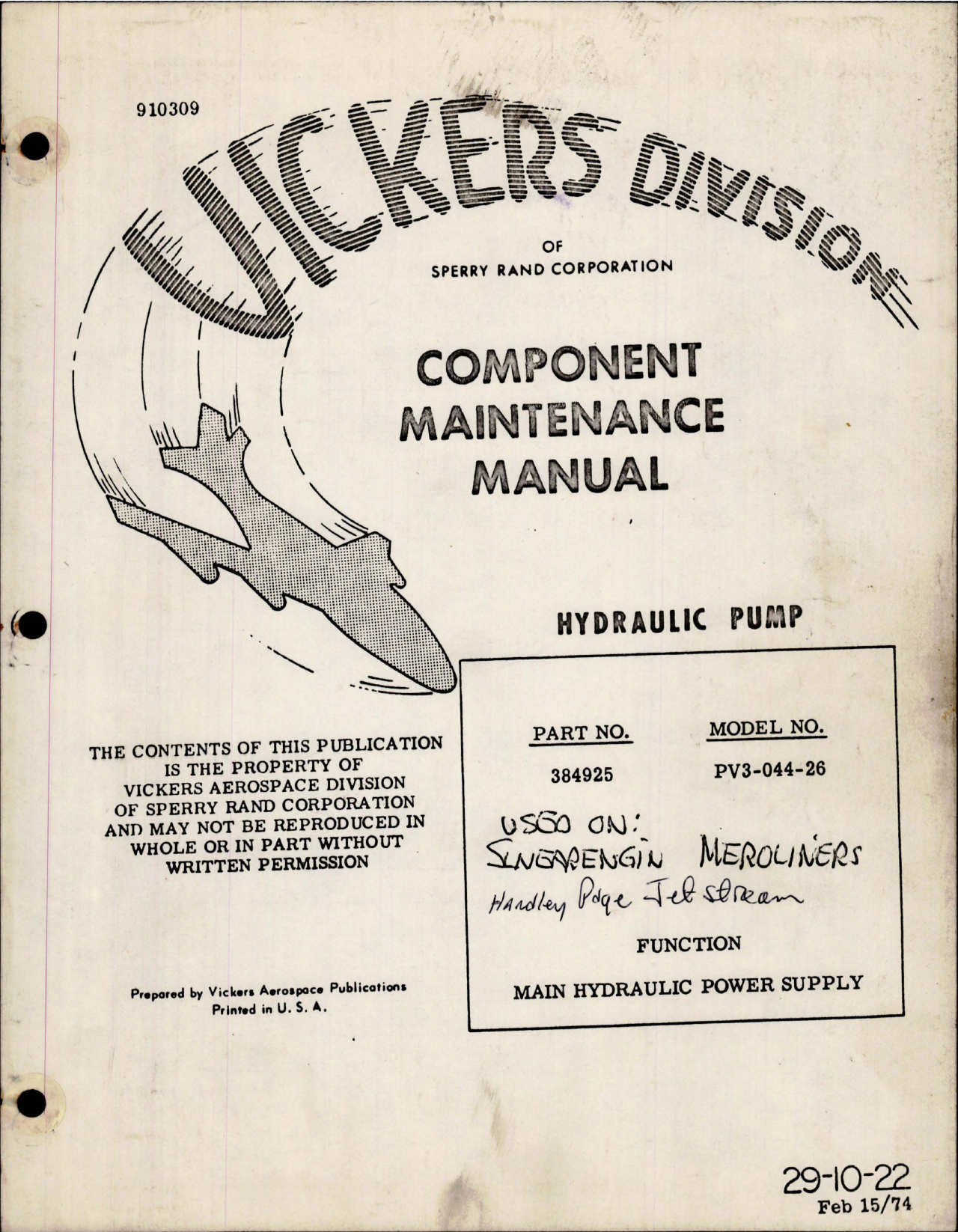 Sample page 1 from AirCorps Library document: Component Maintenance Manual for Hydraulic Pump - Part 384925 - Model PV3-044-26