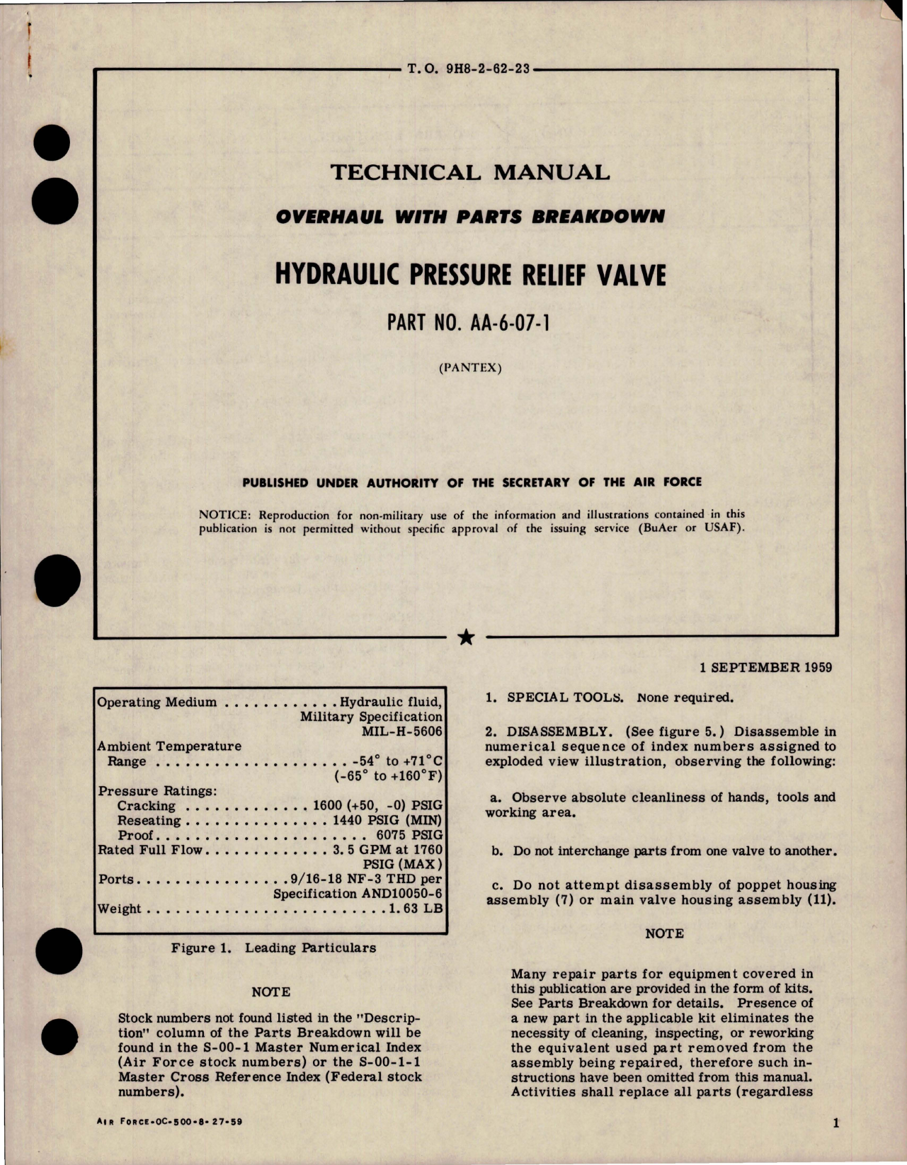 Sample page 1 from AirCorps Library document: Overhaul with Parts Breakdown for Hydraulic Pressure Relief Valve - Part AA-6-07-1