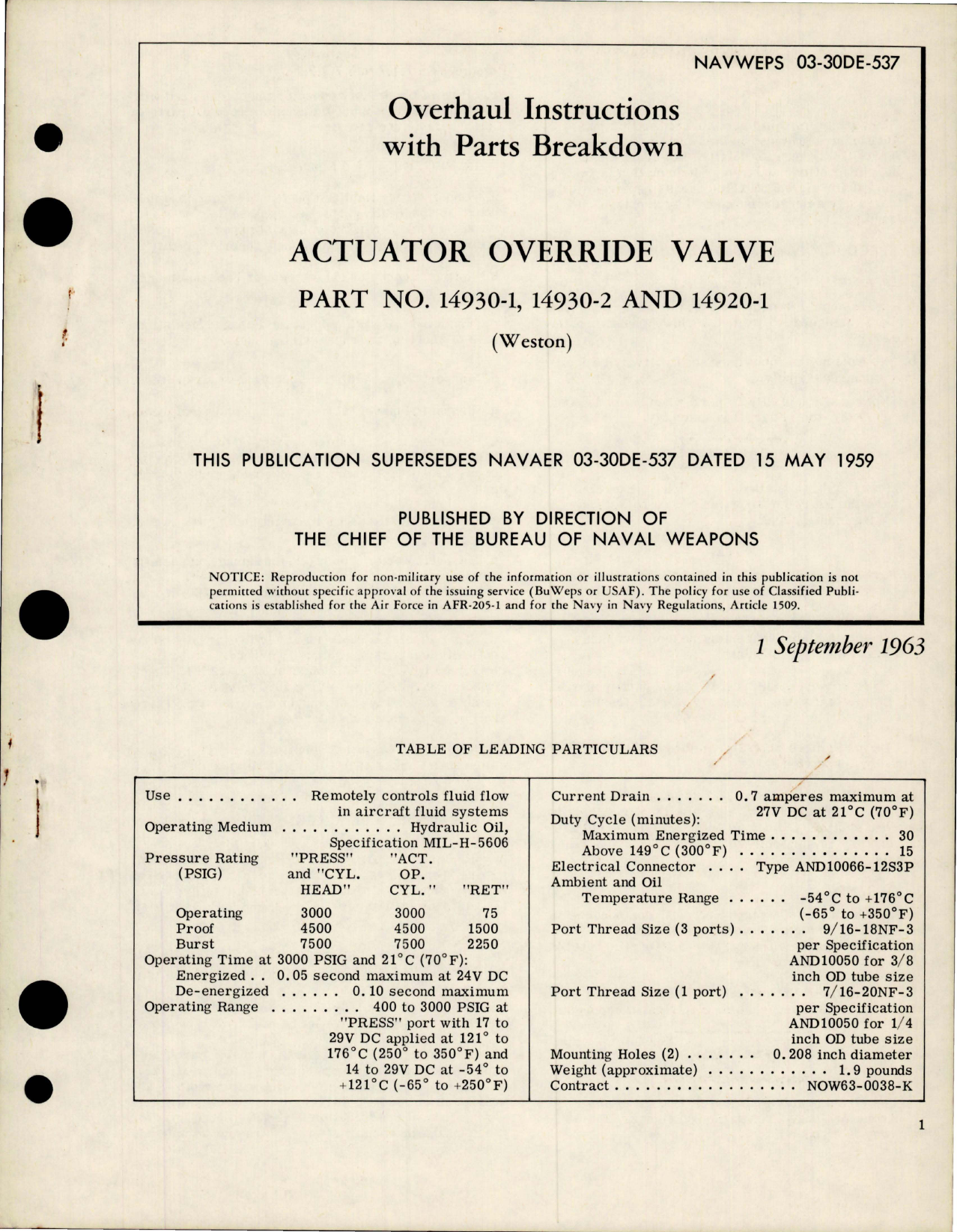 Sample page 1 from AirCorps Library document: Overhaul Instructions with Parts Breakdown for Actuator Override Valve - Parts 14930-1, 14930-2 and 14920-1