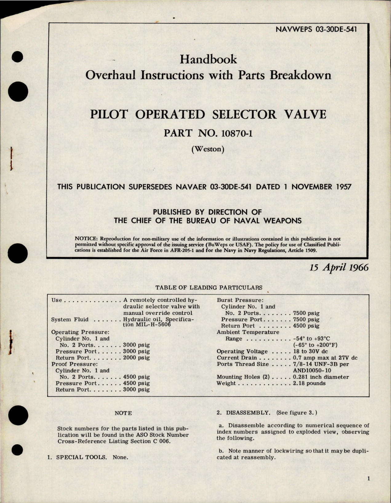 Sample page 1 from AirCorps Library document: Overhaul Instructions with Parts Breakdown for Pilot Operated Selector Valve - Part 10870-1 