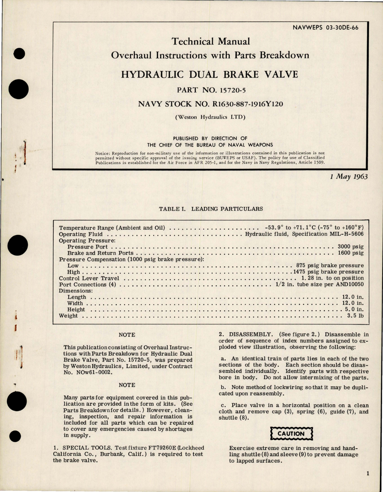Sample page 1 from AirCorps Library document: Overhaul Instructions w Parts Breakdown for Hydraulic Dual Brake Valve - Part 15720-5