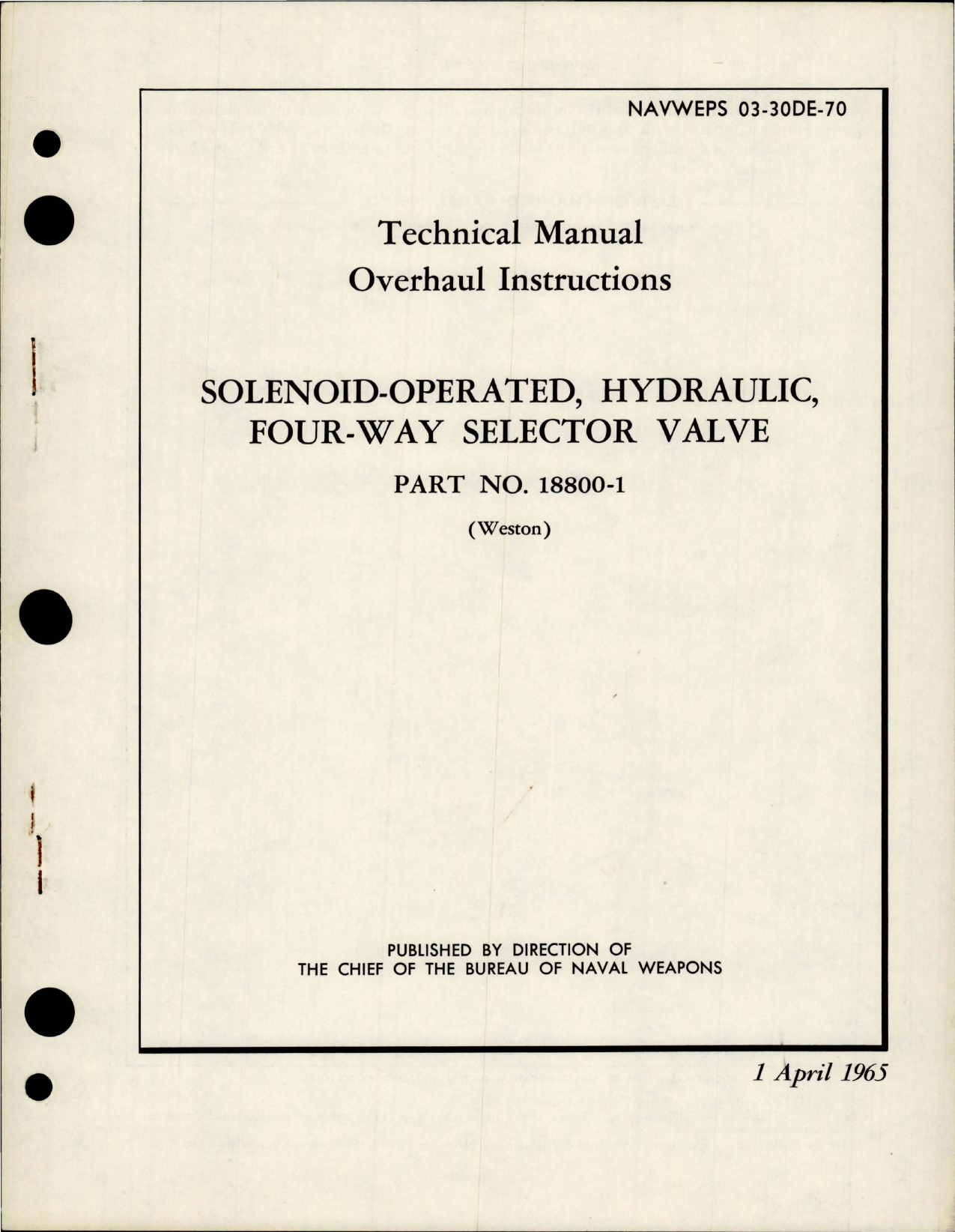 Sample page 1 from AirCorps Library document: Overhaul Instructions for Solenoid Operated, Hydraulic Four Way Selector Valve - Part 18800-1 