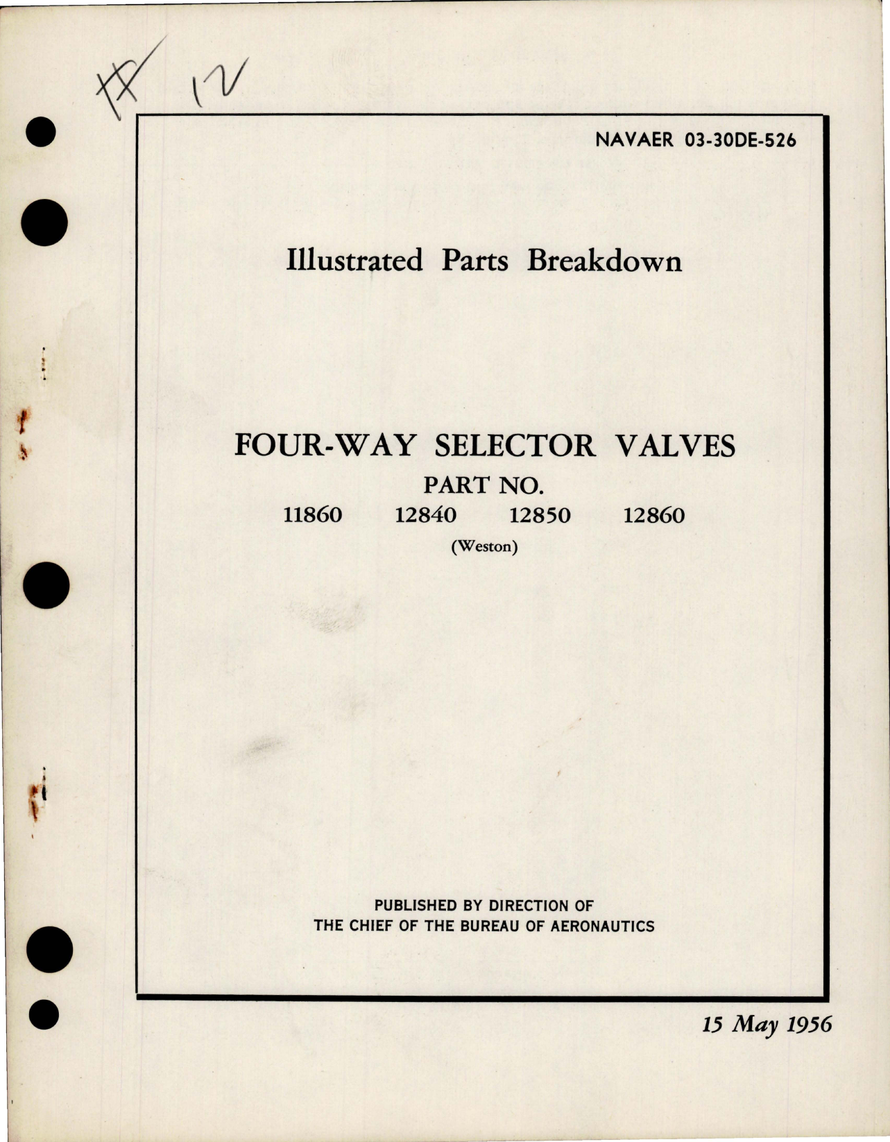 Sample page 1 from AirCorps Library document: Illustrated Parts Breakdown for Four-Way Selector Valve - Parts 11860, 12840, 12850, 12860 (Weston