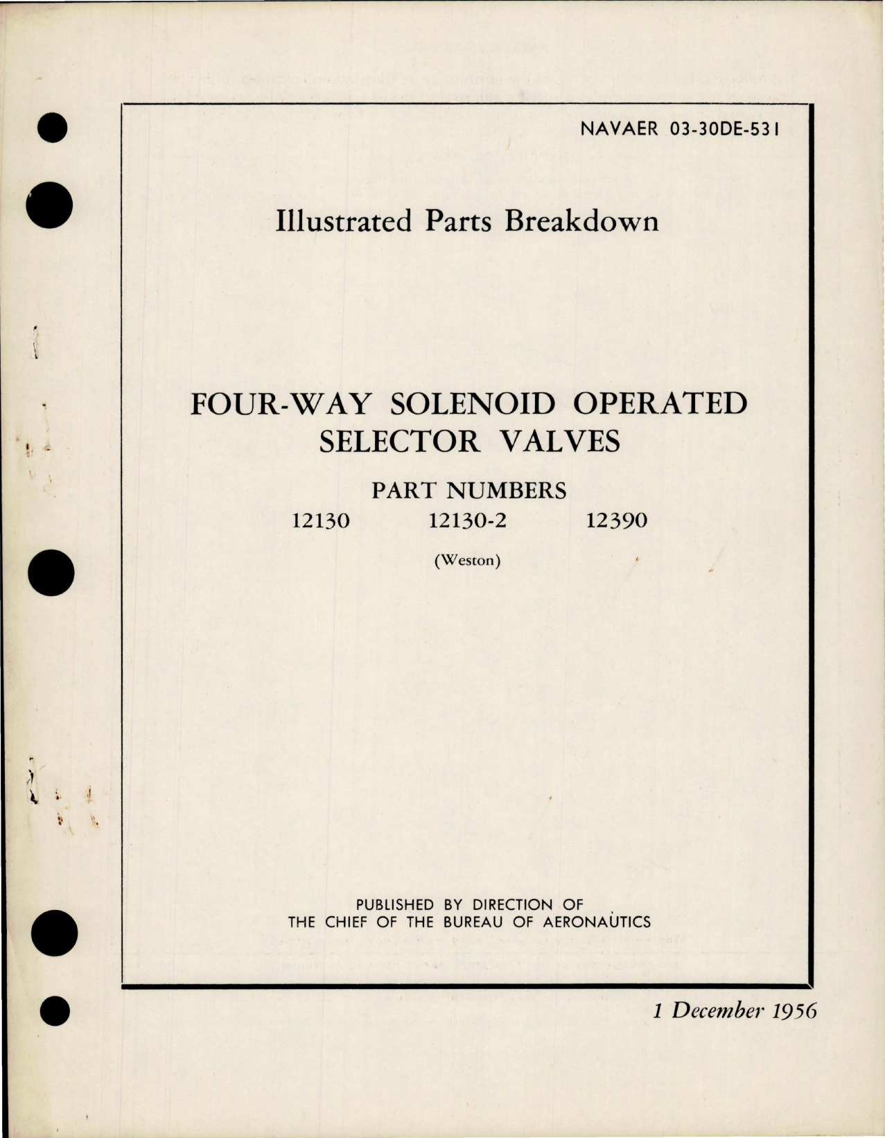 Sample page 1 from AirCorps Library document: Illustrated Parts Breakdown for Four-Way Solenoid Operated Selector Valves - Parts 12130, 12130-2 and 12390 