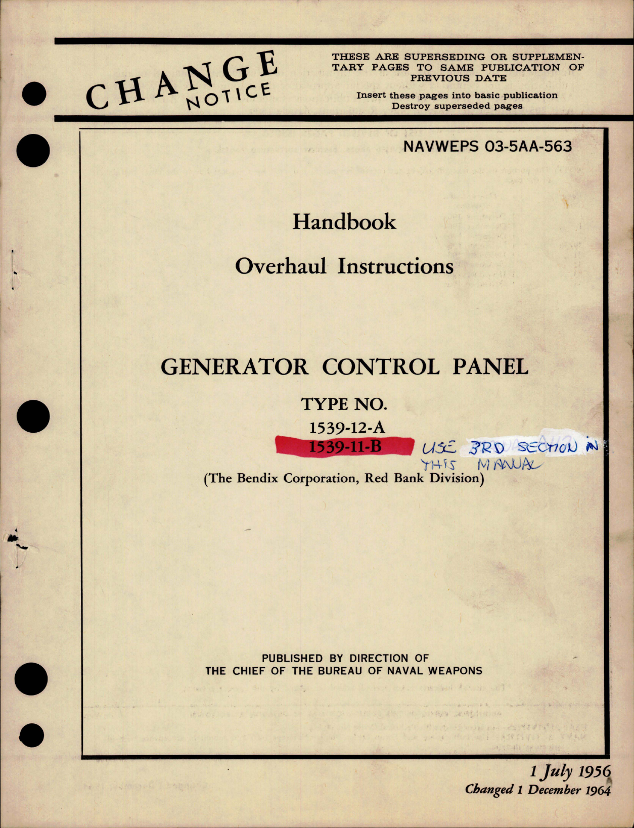 Sample page 1 from AirCorps Library document: Overhaul Instructions for Generator Control Panel - Types 1539-12-A and 1539-11-B 