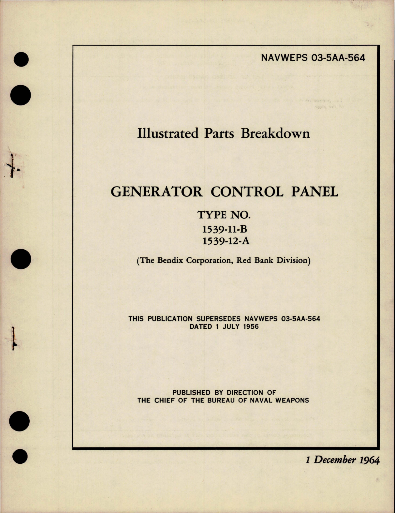 Sample page 1 from AirCorps Library document: Illustrated Parts Breakdown for Generator Control Panel - Types 1539-11-B and 1539-12-A 