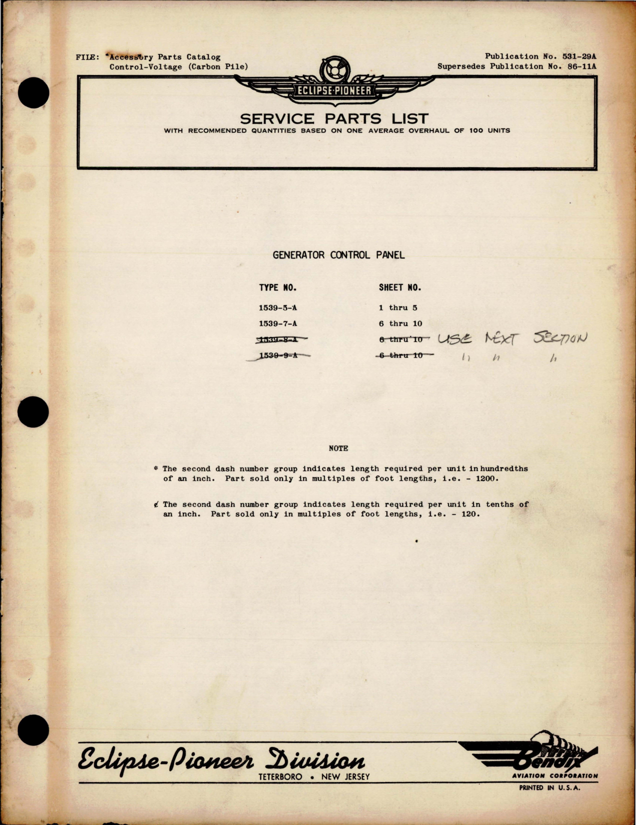 Sample page 1 from AirCorps Library document: Service Parts List for Generator Control Panels - Types 1539-5-A, 1539-7-A, 1539-8-A, and 1539-9-A 