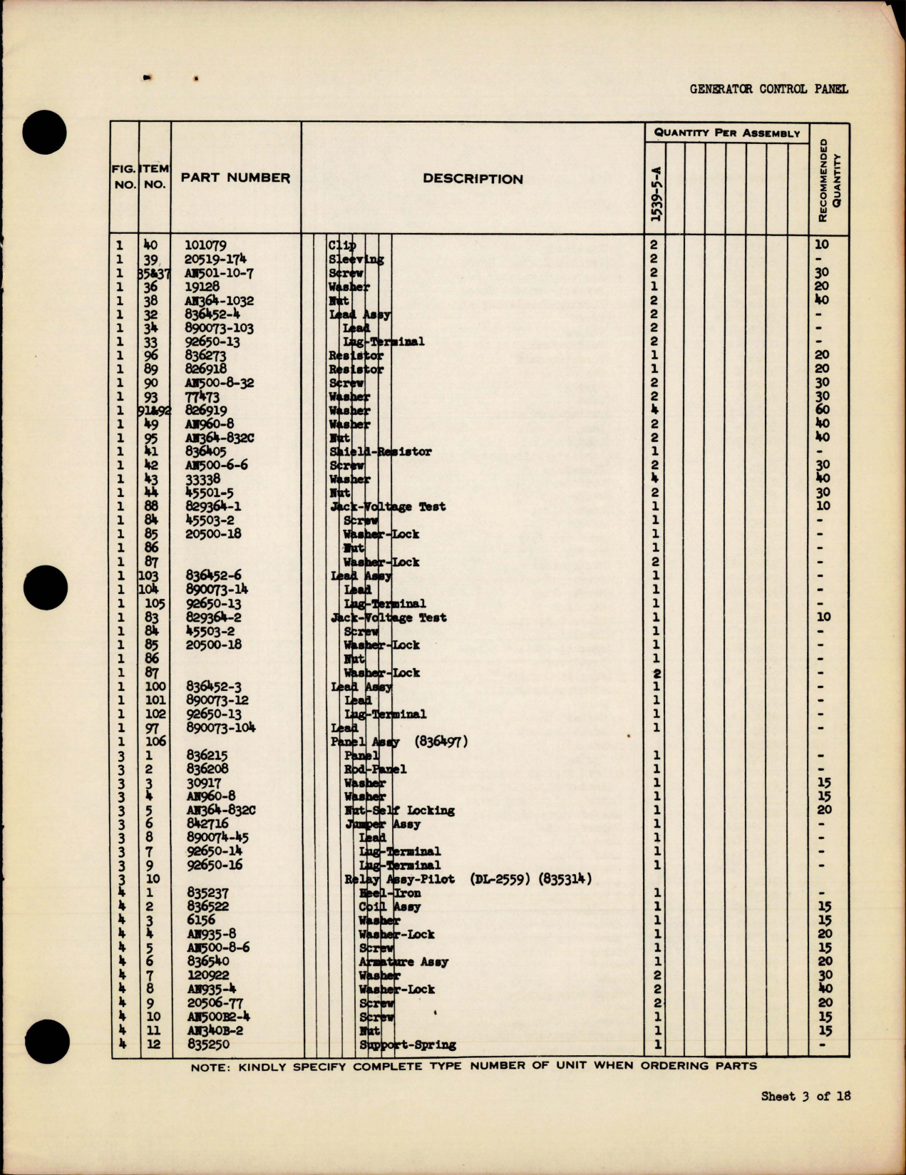 Sample page 5 from AirCorps Library document: Service Parts List for Generator Control Panels - Types 1539-5-A, 1539-7-A, 1539-8-A, and 1539-9-A 