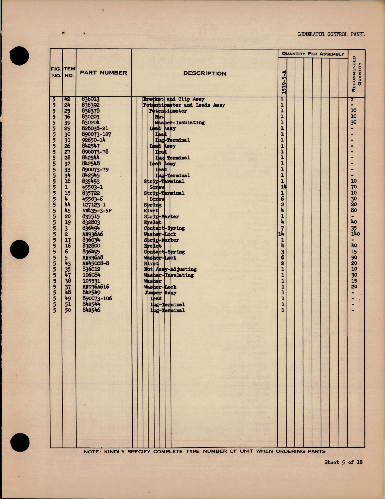 Sample page 7 from AirCorps Library document: Service Parts List for Generator Control Panels - Types 1539-5-A, 1539-7-A, 1539-8-A, and 1539-9-A 