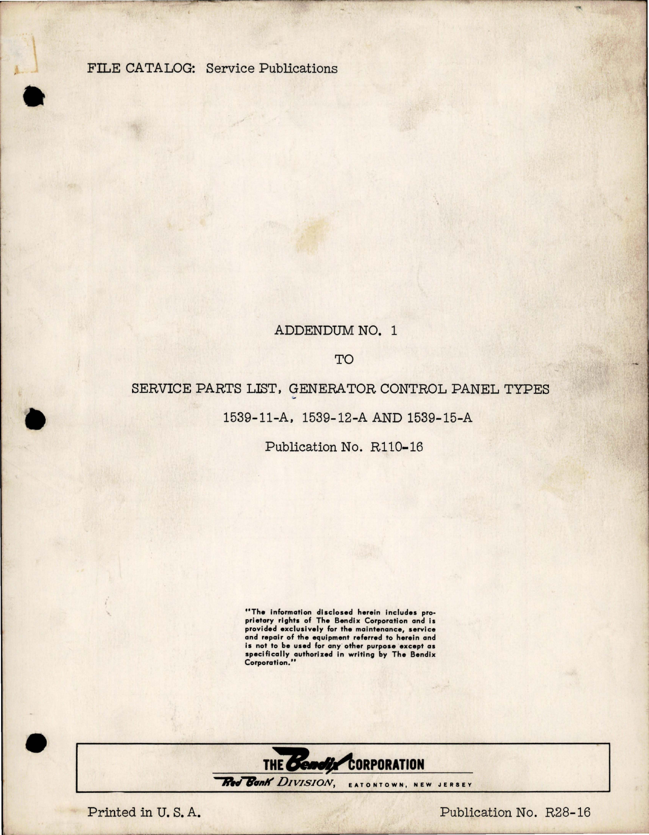Sample page 1 from AirCorps Library document: Addendum No. 1 to Service Parts List for Generator Control Panel 