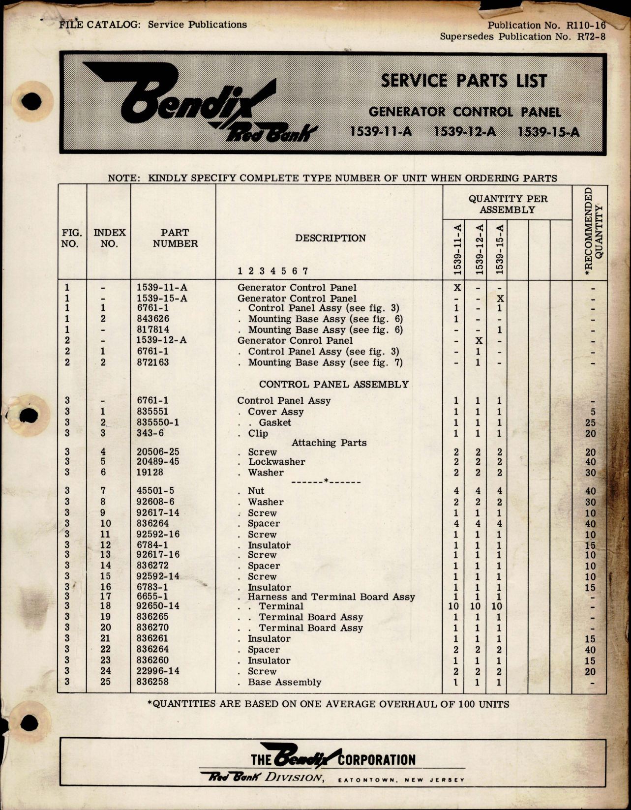Sample page 1 from AirCorps Library document: Service Parts List for Generator Control Panel - 1539-11-A, 1539-12-A and 1539-15-A 