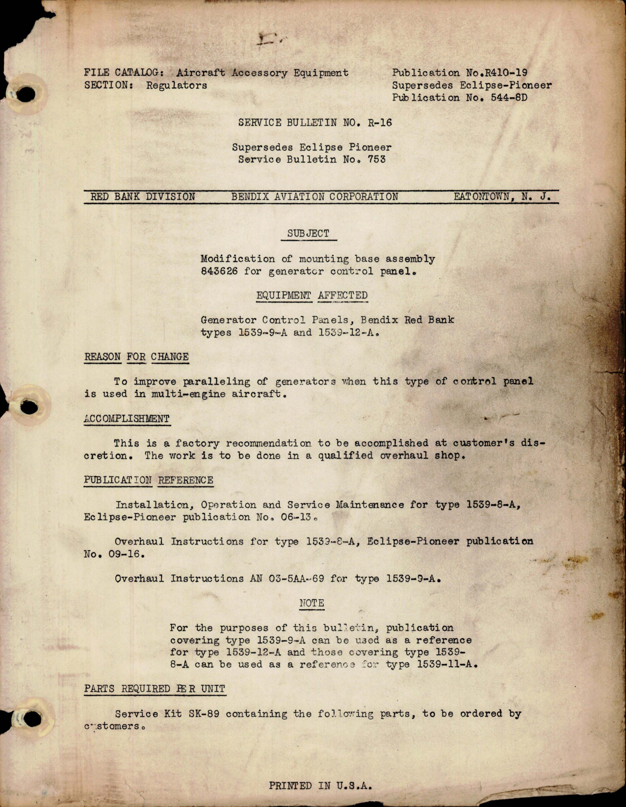 Sample page 1 from AirCorps Library document: Service Bulletin No. R-16, Modification of Mounting Base Assembly 843626 