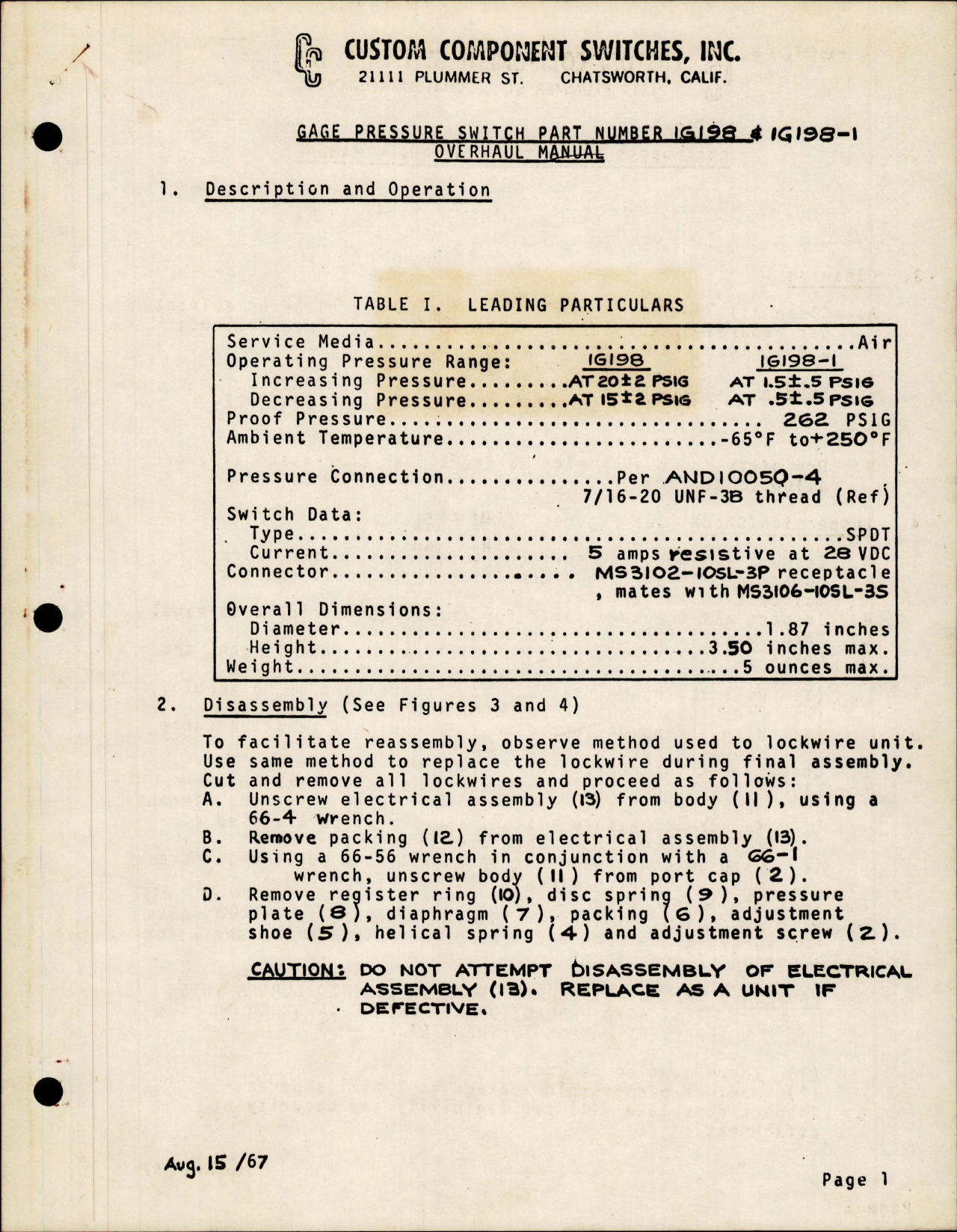 Sample page 1 from AirCorps Library document: Overhaul Instructions for Gage Pressure Switch - Part 1G198 and 1G198-1 