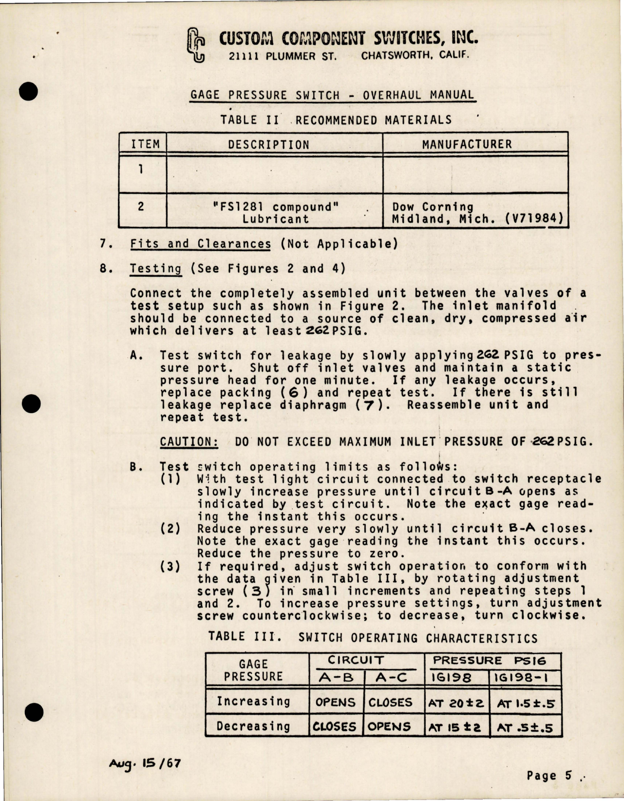 Sample page 5 from AirCorps Library document: Overhaul Instructions for Gage Pressure Switch - Part 1G198 and 1G198-1 